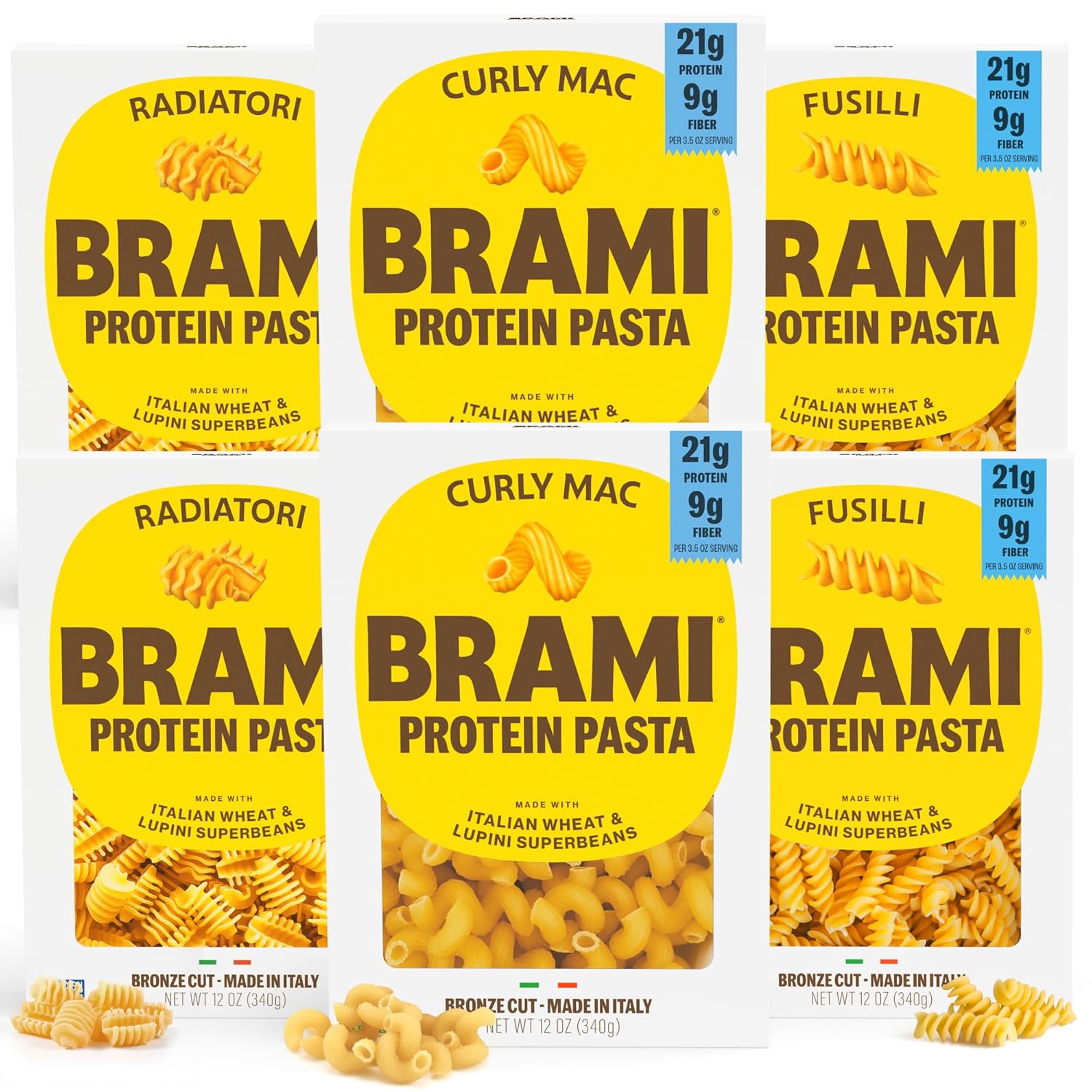 Brami Fusilli, Curly Mac, Radiatori Italian Protein Pasta | Low Carb | High Fiber | High Protein |Keto|Non-GMO|Made in Italy|Semolina Pasta, Fortified with Heart Healthy Lupini Beans|8oz (Pack of 6)