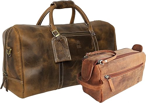 RUSTIC TOWN Combo de bolsa de lona y neceser de cuero, el mejor regalo de viaje masculino para hombres y mujeres