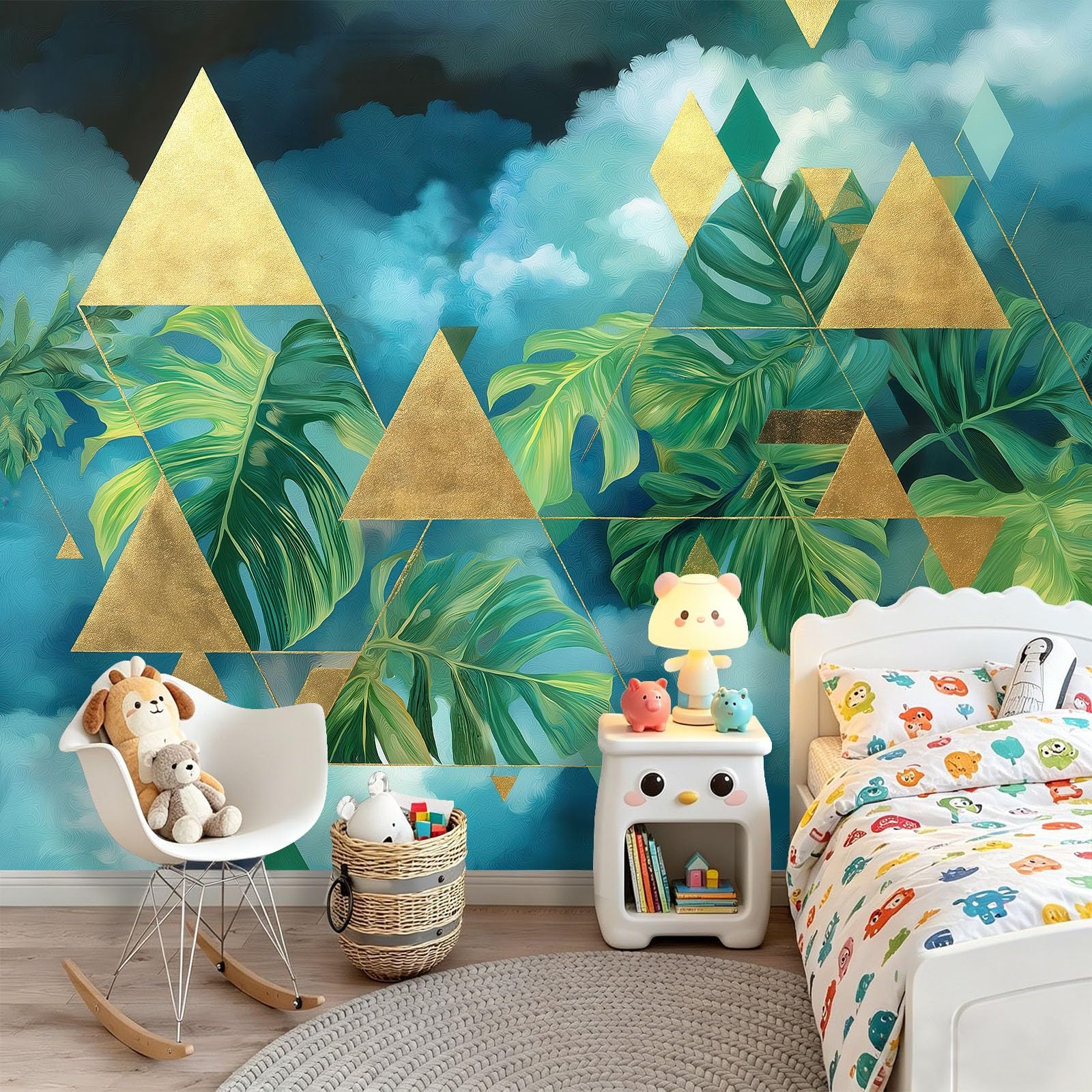 Panoramiczna tapeta z włókniny botaniczna monstera liście zielona geometria plakat obrazy ścienne używane do salonu dekoracja ścienna do pokoju dziecięcego 350 x 256 cm, dorośli