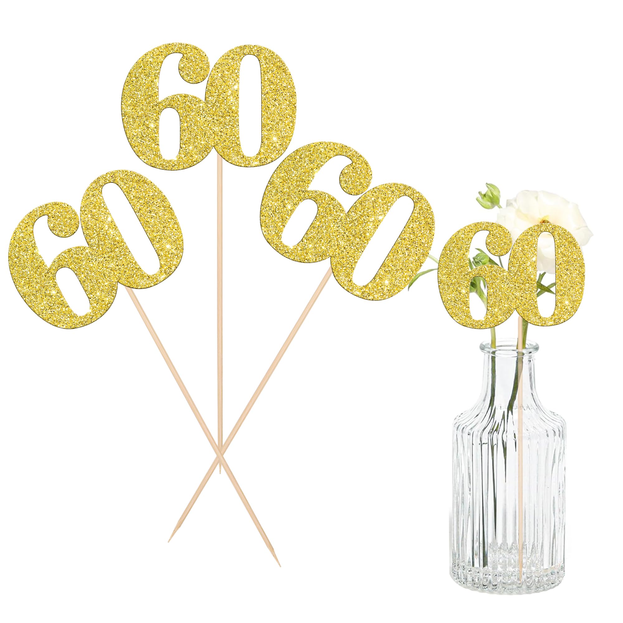12 PCS Glitter 60th Birthday Centerpiece Sticks Number 60 Cake Toppers Sixty Table Flower Topper Decorations for 60th Birthday Anniversary Party Centerpiece Supplies Gold