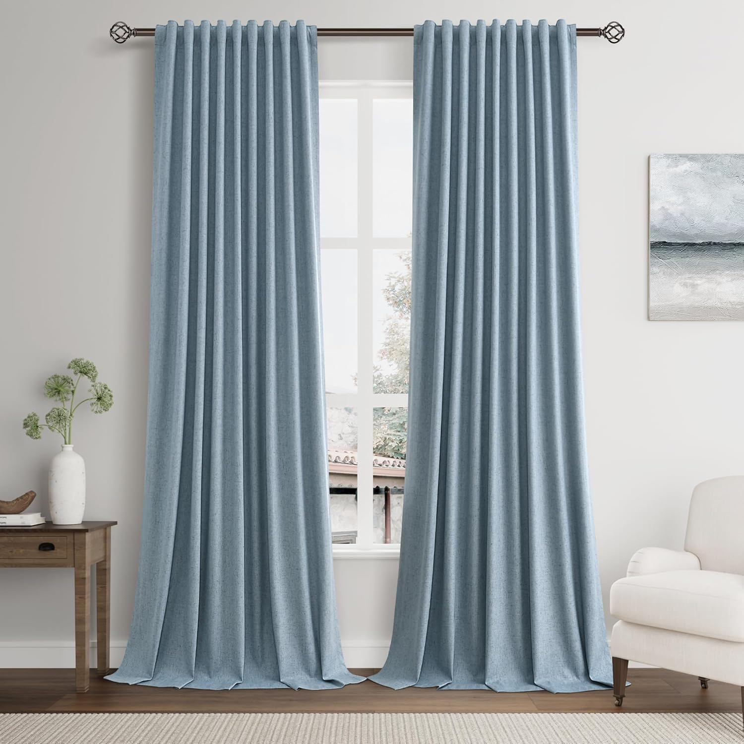 Neutral Dusty Blue Linen Blackout Curtains 96 Inches Long for Bedroom Thermal Insulated Blackout Linen Drapes Rod Pocket/Back Tab/Hook Belt/Clip Rings Room Darkening Full Light Blocking Curtains 52W x 96L Blue