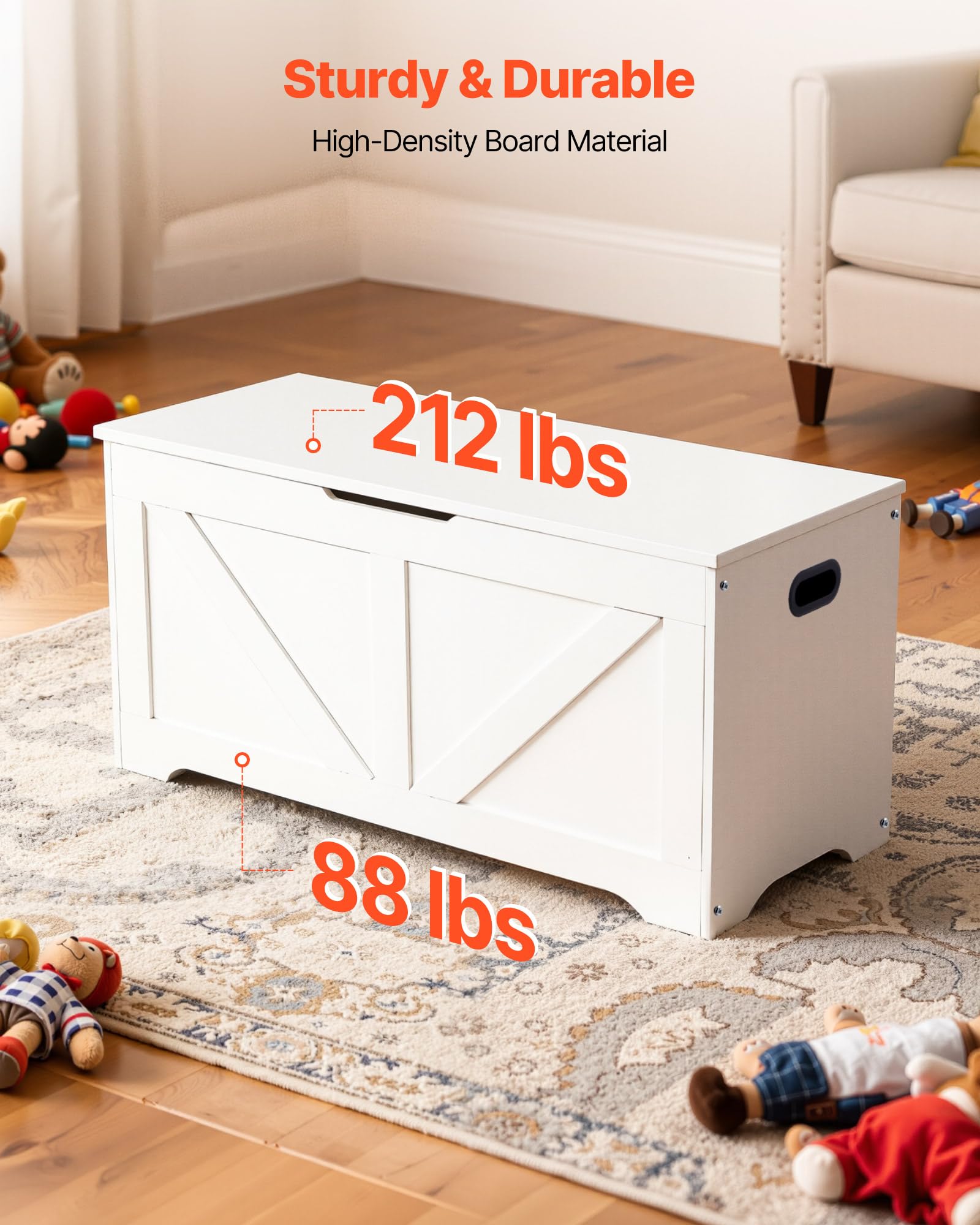 VEVOR Panca per Bambini con Contenitore da 990 x 395 x 480 mm, Contenitore per Giocattoli in Legno con Cerniera di Sicurezza, Baule Portaoggetti per Sala Giochi, Soggiorno, Ingresso, Bianco