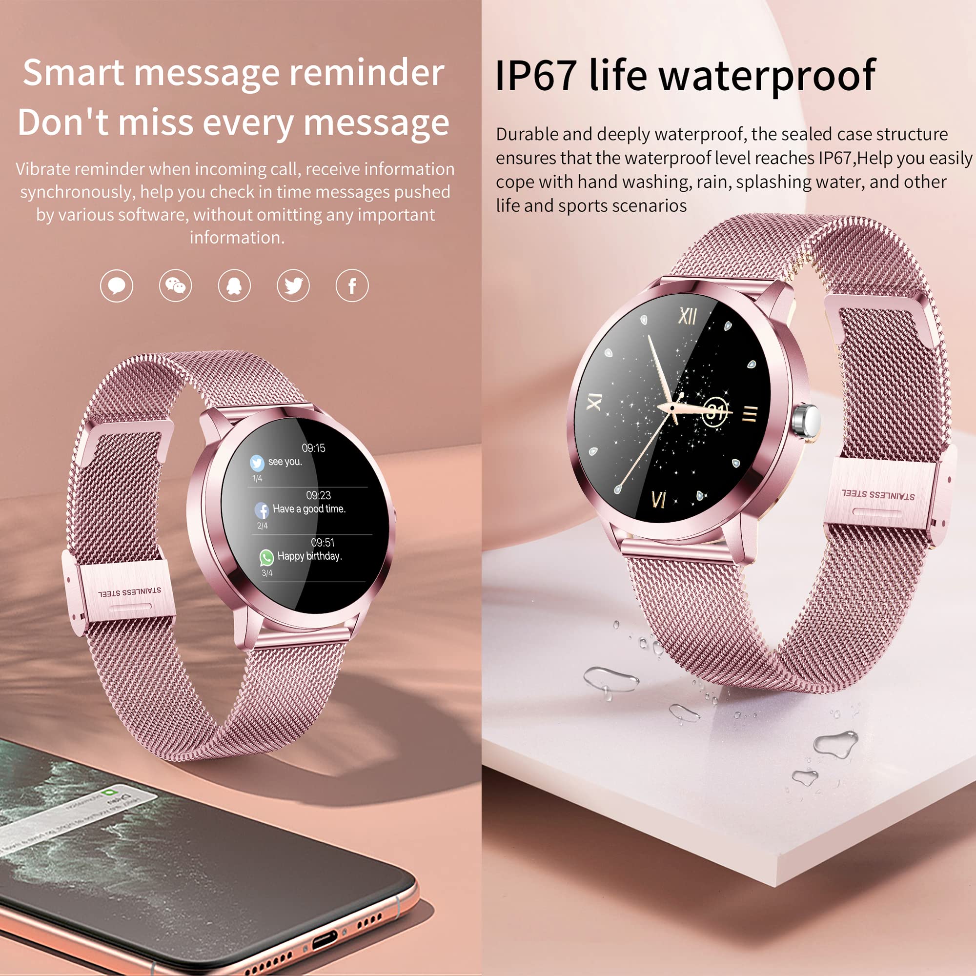 Montre Connectée Femmes IP67 Etanche Smartwatch Sport avec Moniteur Sommeil Fréquence Cardiaque, 22 Modes Sport, Podomètre pour Android iOS