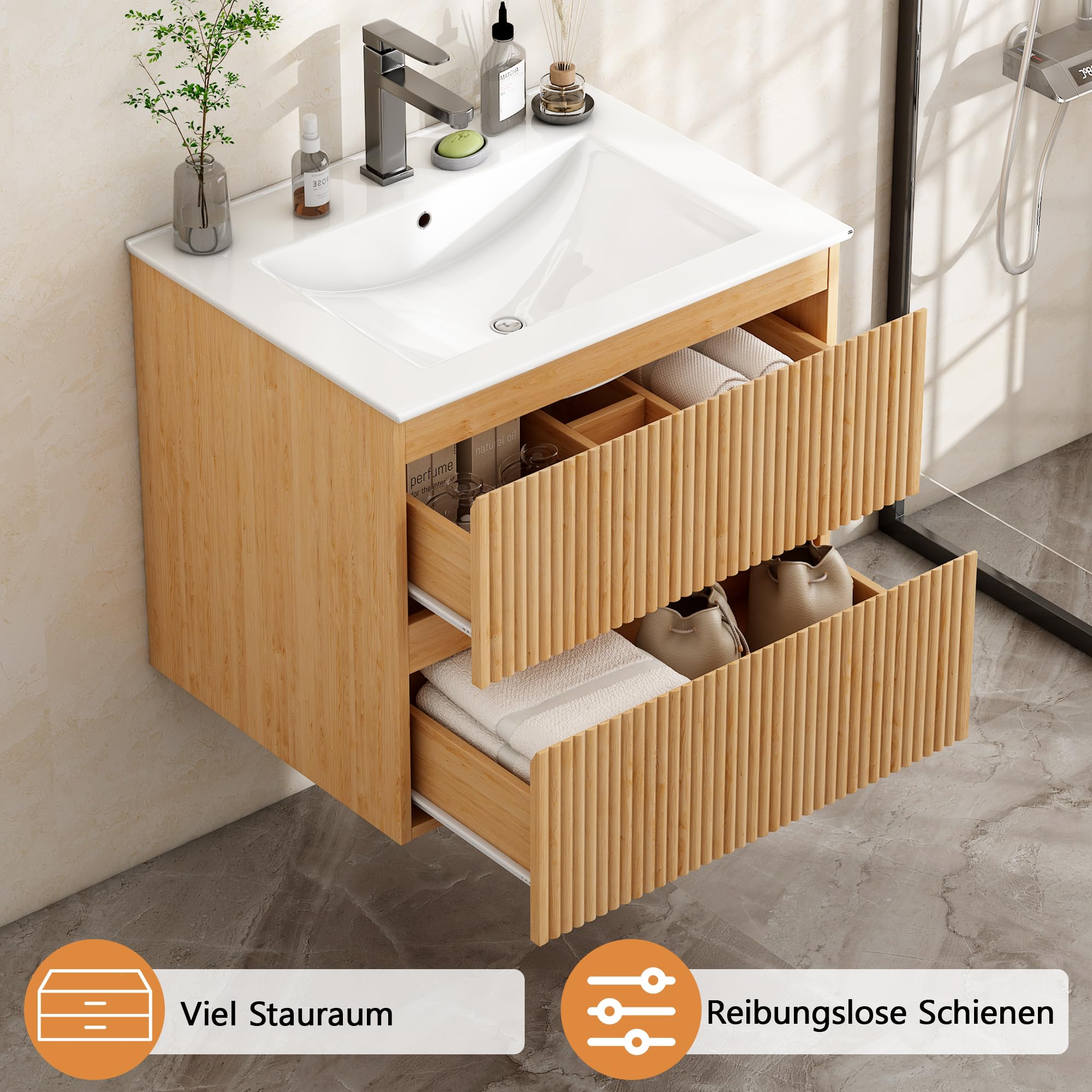 Waschtisch mit Unterschrank 60 cm, Badmöbel Set und Keramikwaschbecken, Waschbeckenunterschrank inklusive 2 Schubladen, Wandhängend, Rillendesign, Natur