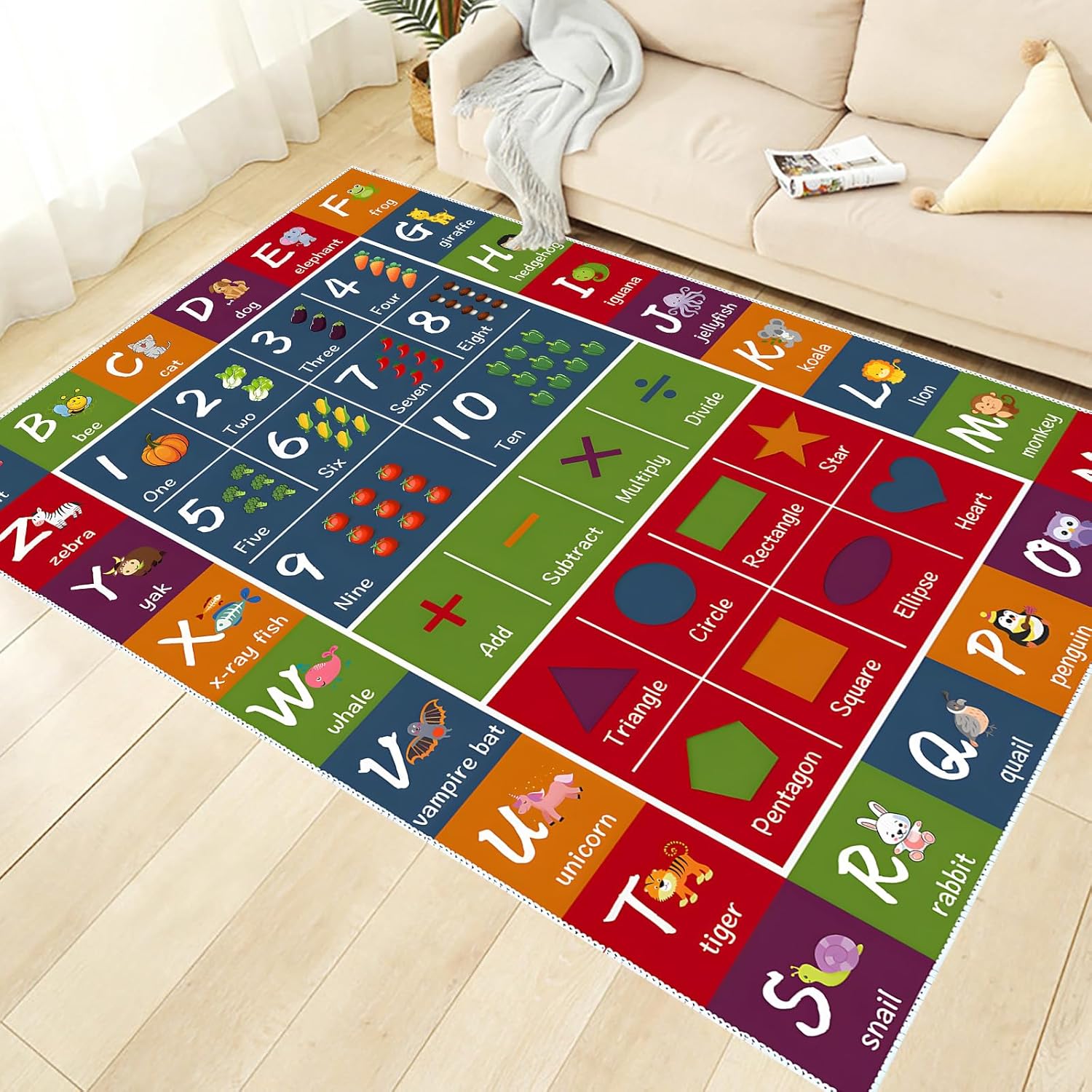 ABC Educational Area Rug - Alphabets Numbers Fun Kids Game Rug Carpet - Cartoon Pattern Floor Mat Crawling Mat for Children's Room Playroom Bedroom Nursery