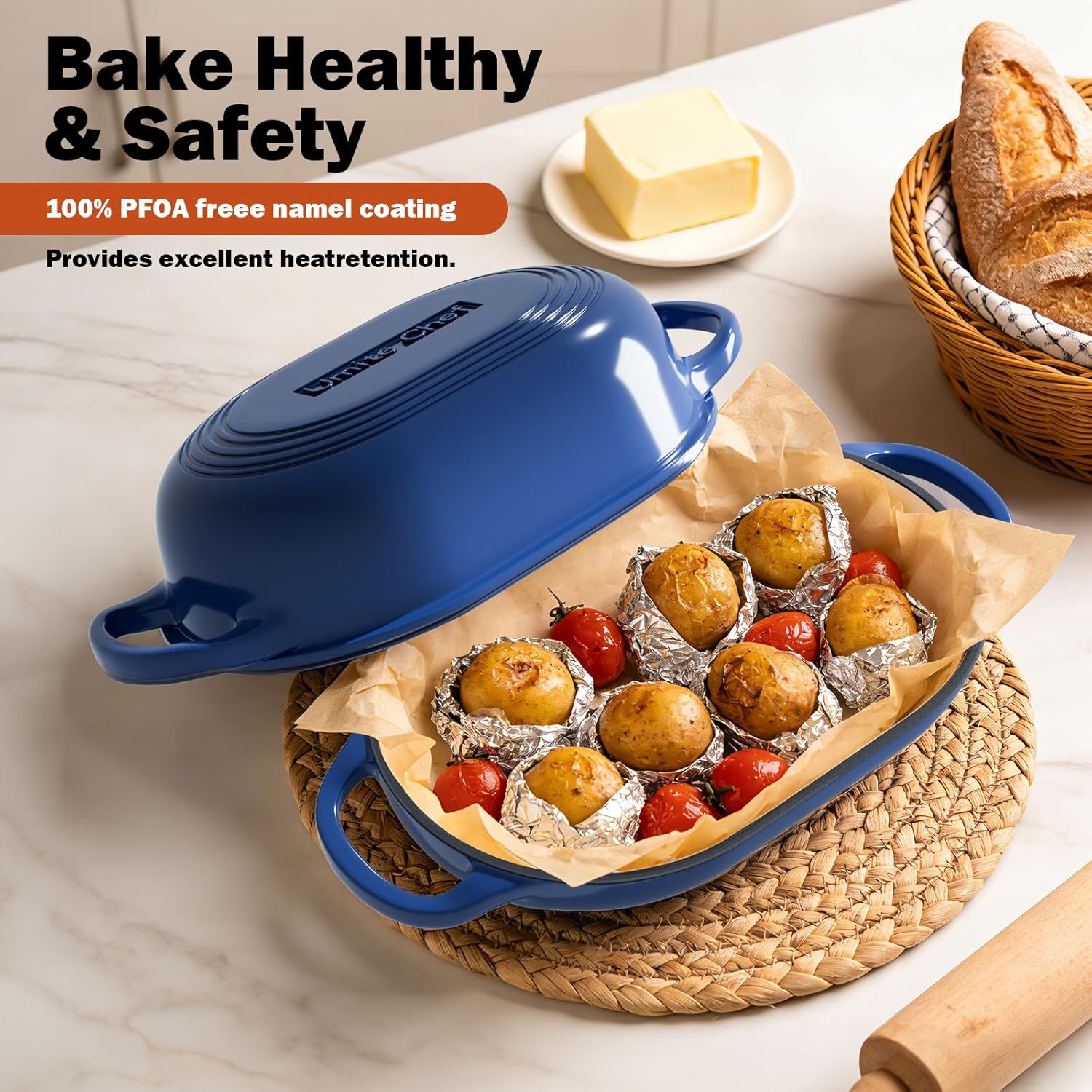 Enameled Cast Iron Dutch Oven for Bread Baking - incl. Sourdough Bread-Baking Supplies like Banneton Bread-Proofing Basket - 5QT Loaf Cast Iron Bread Oven Pan with Lid Meatloaf Pan with Lid, Sour Sough Tools, Lame(Blue）