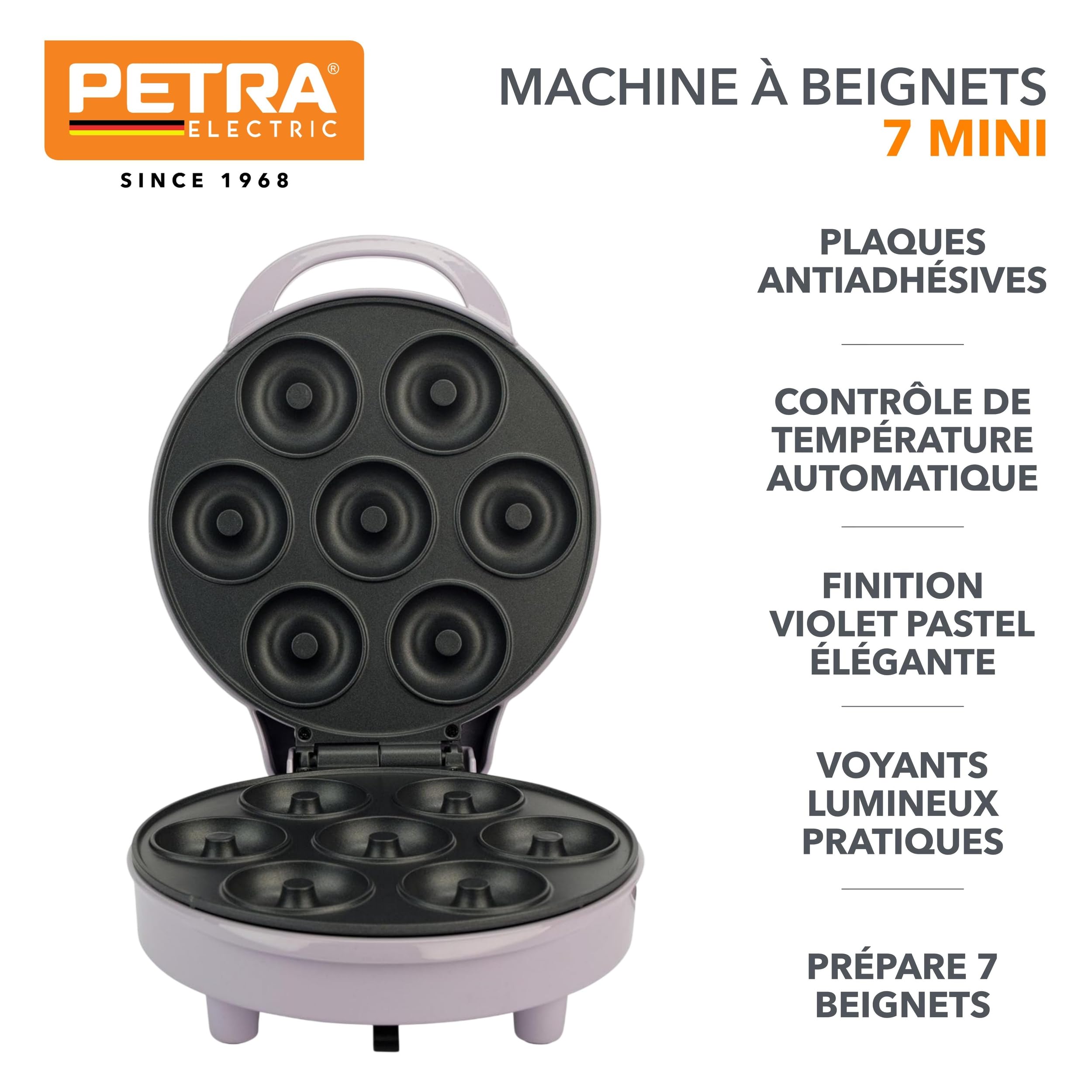 Petra Machine à Beignets 1000W, Appareil pour 7 Mini Donuts avec Plaque Antiadhésive, Machine à Pâtisserie avec Contrôle de Température, Voyants Lumineux, Facile à nettoyer, Violet Pastel