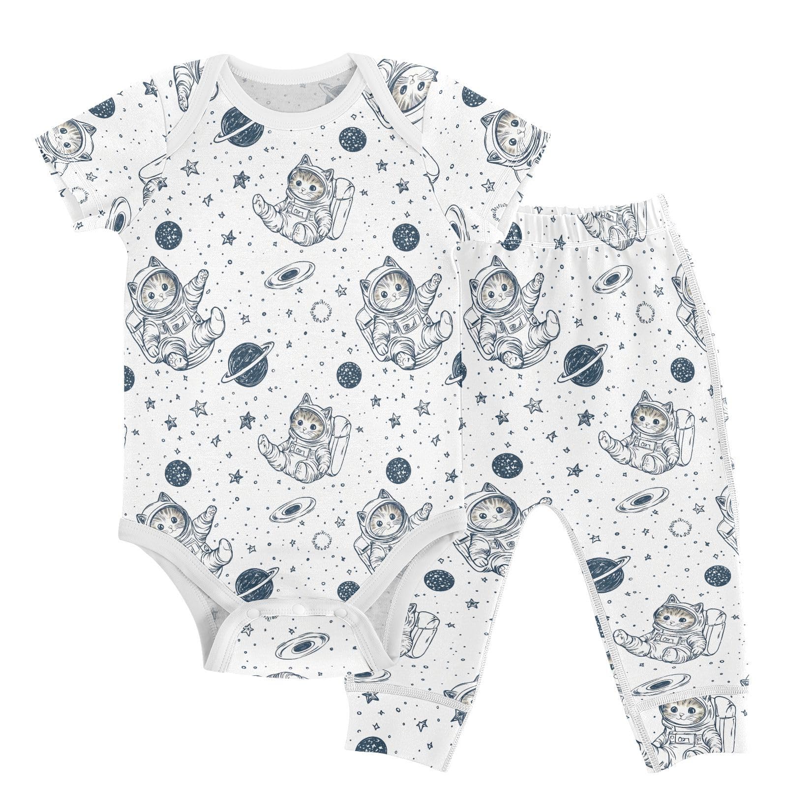 vvfelixl Kitten Astronauton Baby Layette Sets,Baby Bodysuits Set Unisex Short Sleeve Babys Pants Sets 9-12M