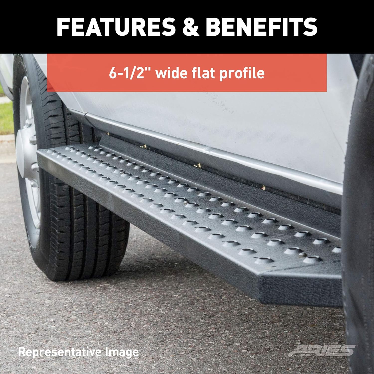 Side view of the ARIES RidgeStep Running Board installed on a truck, highlighting its 6-1/2 inch wide flat profile.