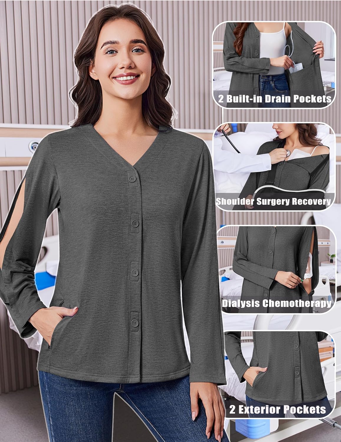 Deyeek Mastectomy Shirts with Drain Pockets Tear Away Side Snap Post Shoulder Surgery Shirts Women Chemo Port Dialysis Shirt - Image 4