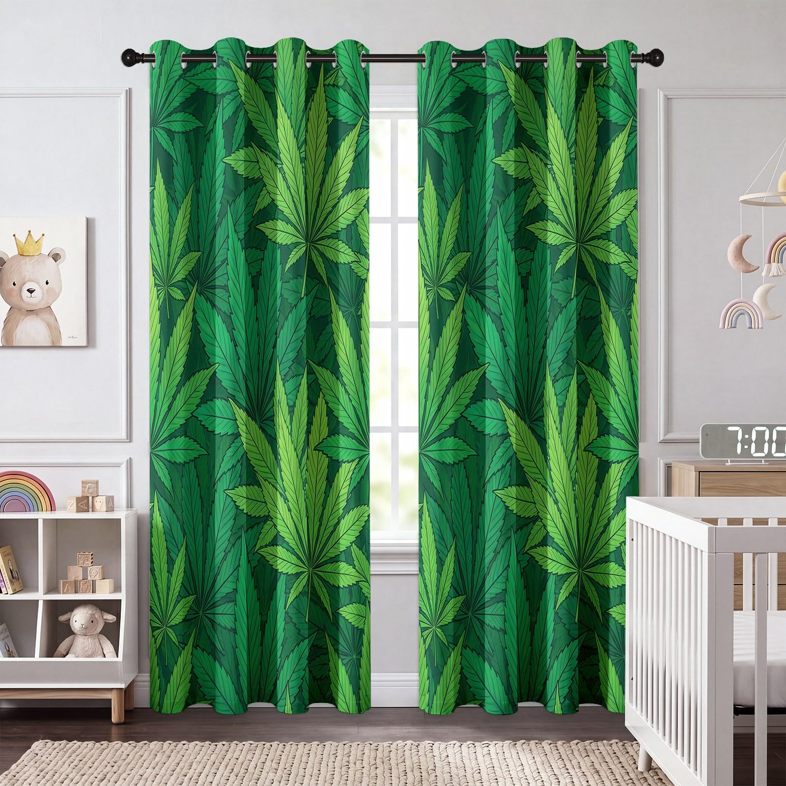 Générique Rideaux pour Enfants 110L X 215H cm (2 Panneaux), Rideaux Isolant Thermique Motif Plante Naturelle, Décoration de Feuille pour Chambre d'enfant Garçon Adolescent Salon Fenetre, Vert
