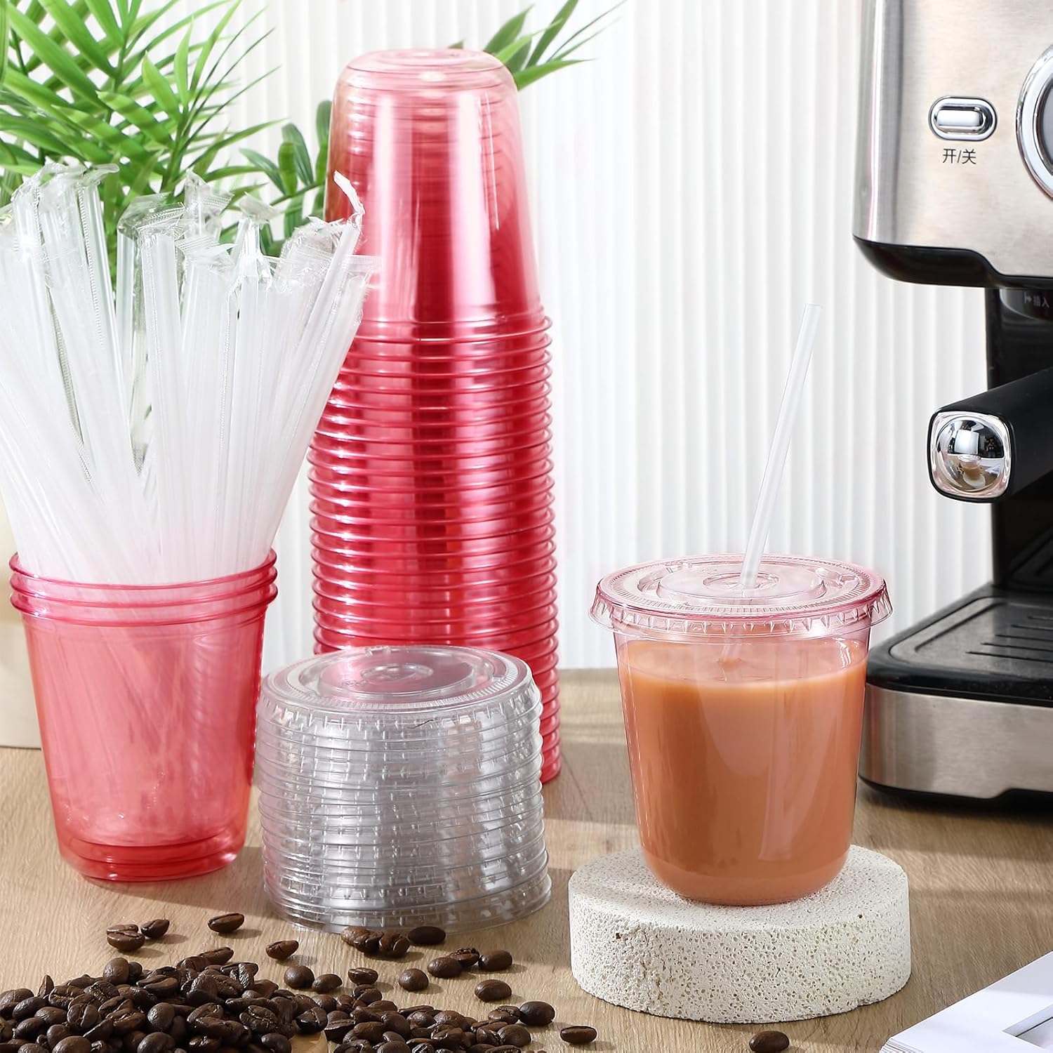 50 Sets Clear Plastic Cups with Lids and Straws, Disposable Iced Coffee Cups Drinking PET for Cold Drinks, Juice, Smoothie, Coffee Shops, Party, Christmas (Pink,14 oz) - Image 2