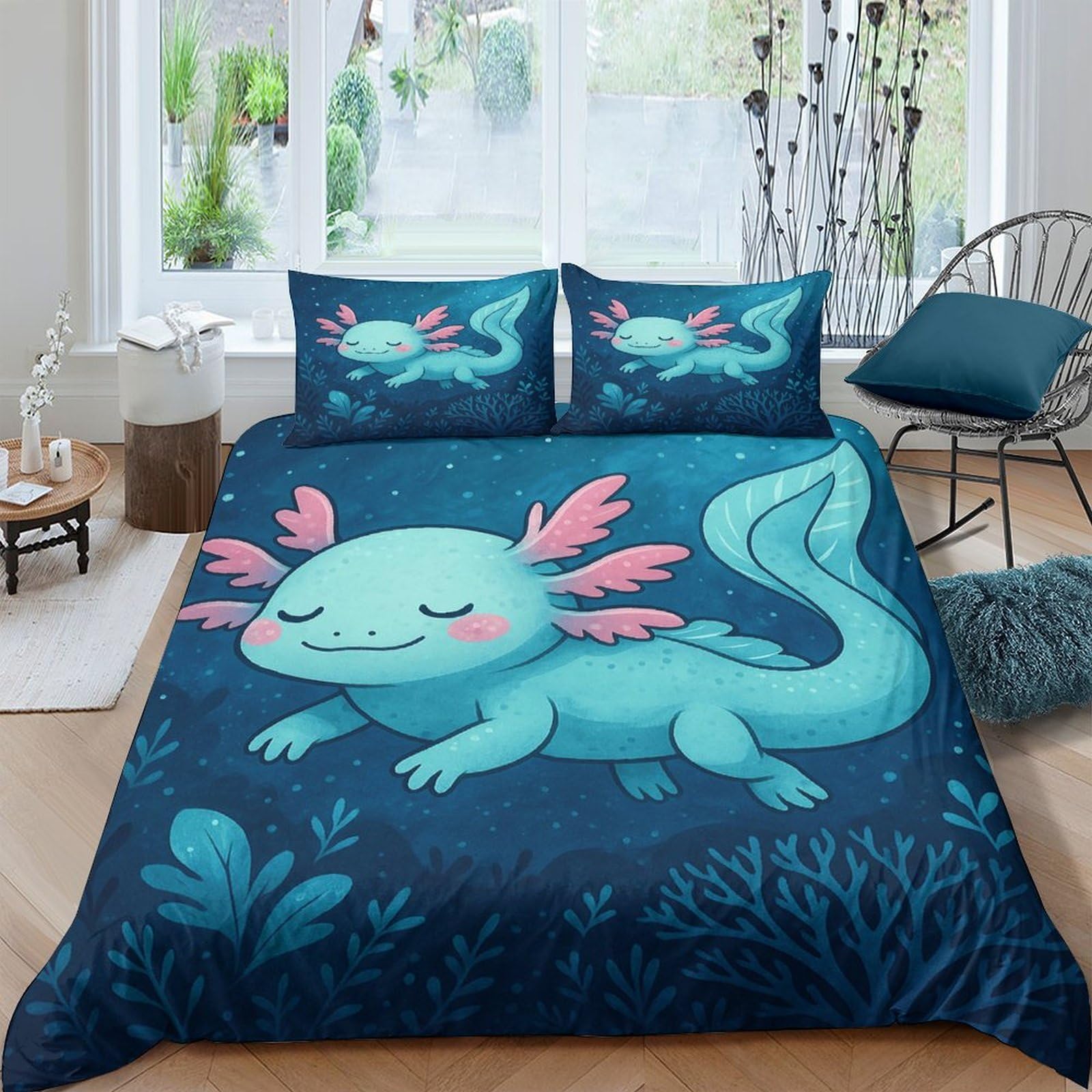 TUFRTGYHN 3D Printed Axolotl Cartoon Duvet Cover Set Microfiber Soft Breathable Underwater Bedding Set with 2 Pillowcases for Bedroom Single（135x200cm）