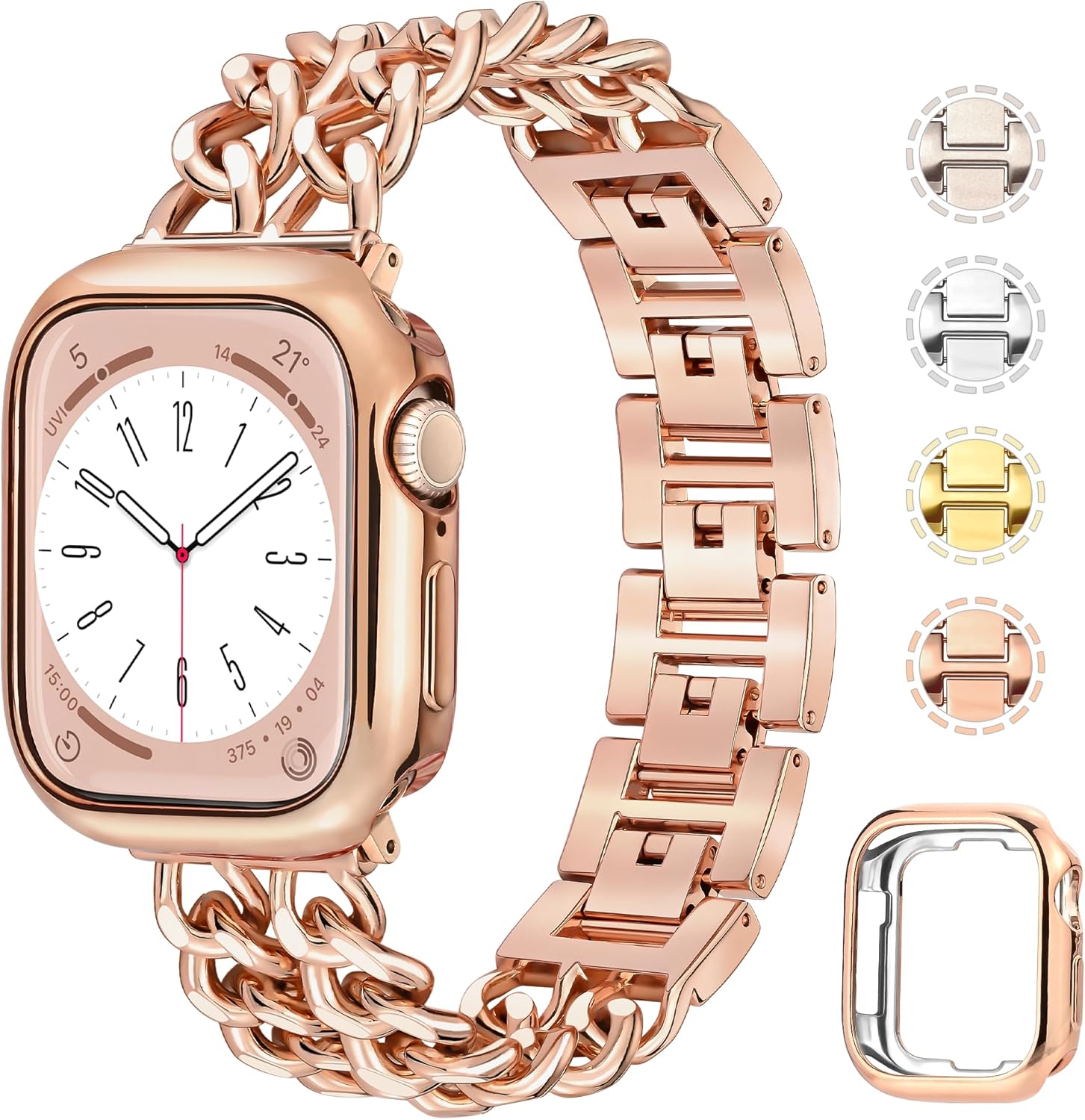 Anaiboho Rose Gold Apple Watch Bands for women men Double Chain iWatch Bands for 44mm 42mm 45mm, Compatible with Apple Watch SE Series 9 8 7 6 5 4 3 2 1(With Case)