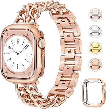 Anaiboho Rose Gold Apple Watch Bands for women men Double Chain iWatch Bands for 40mm 38mm 41mm, Compatible with Apple Watch SE Series 9 8 7 6 5 4 3 2 1With Case