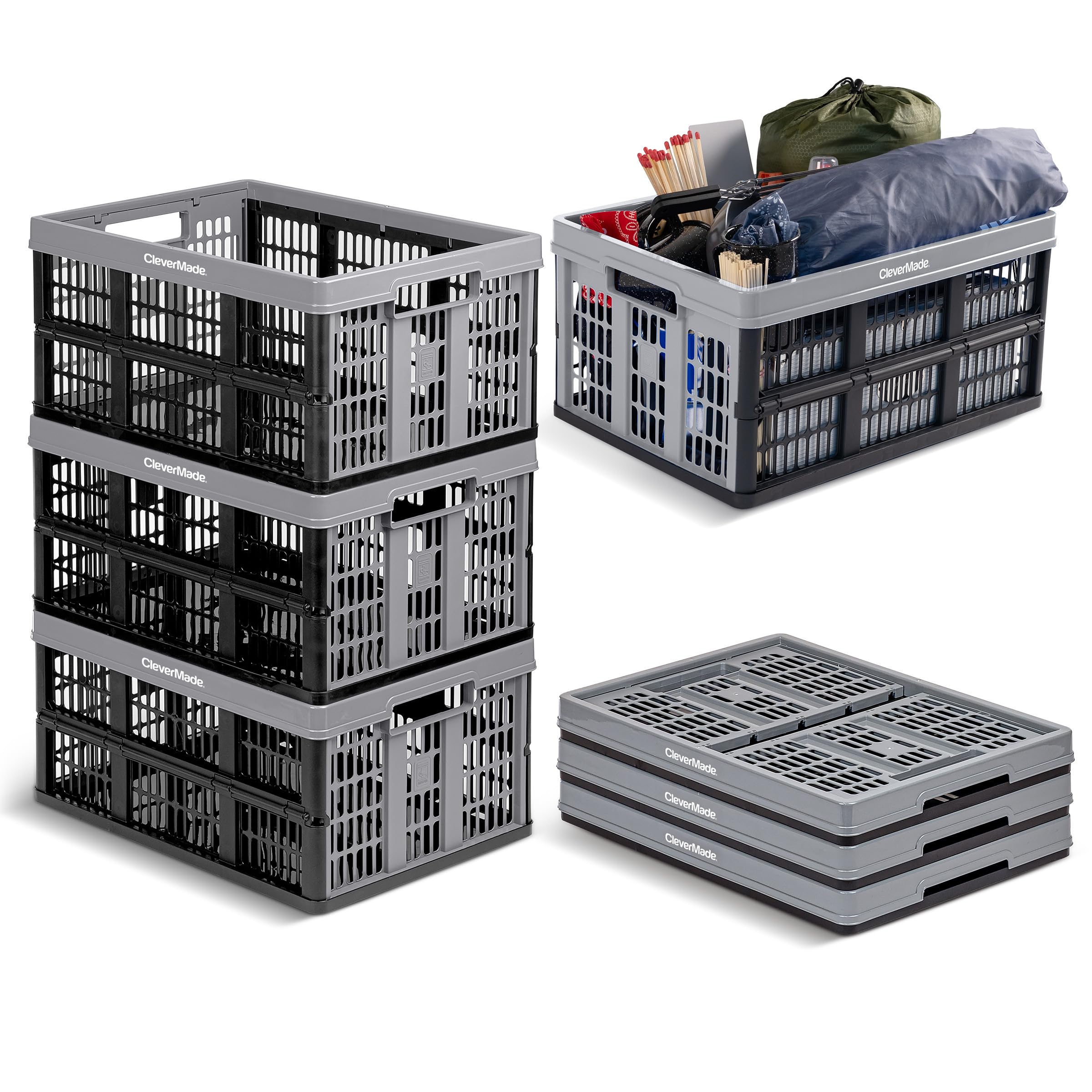 CleverMade Collapsible Utility Crate (Recycled) - 45L - Stone (3PK)