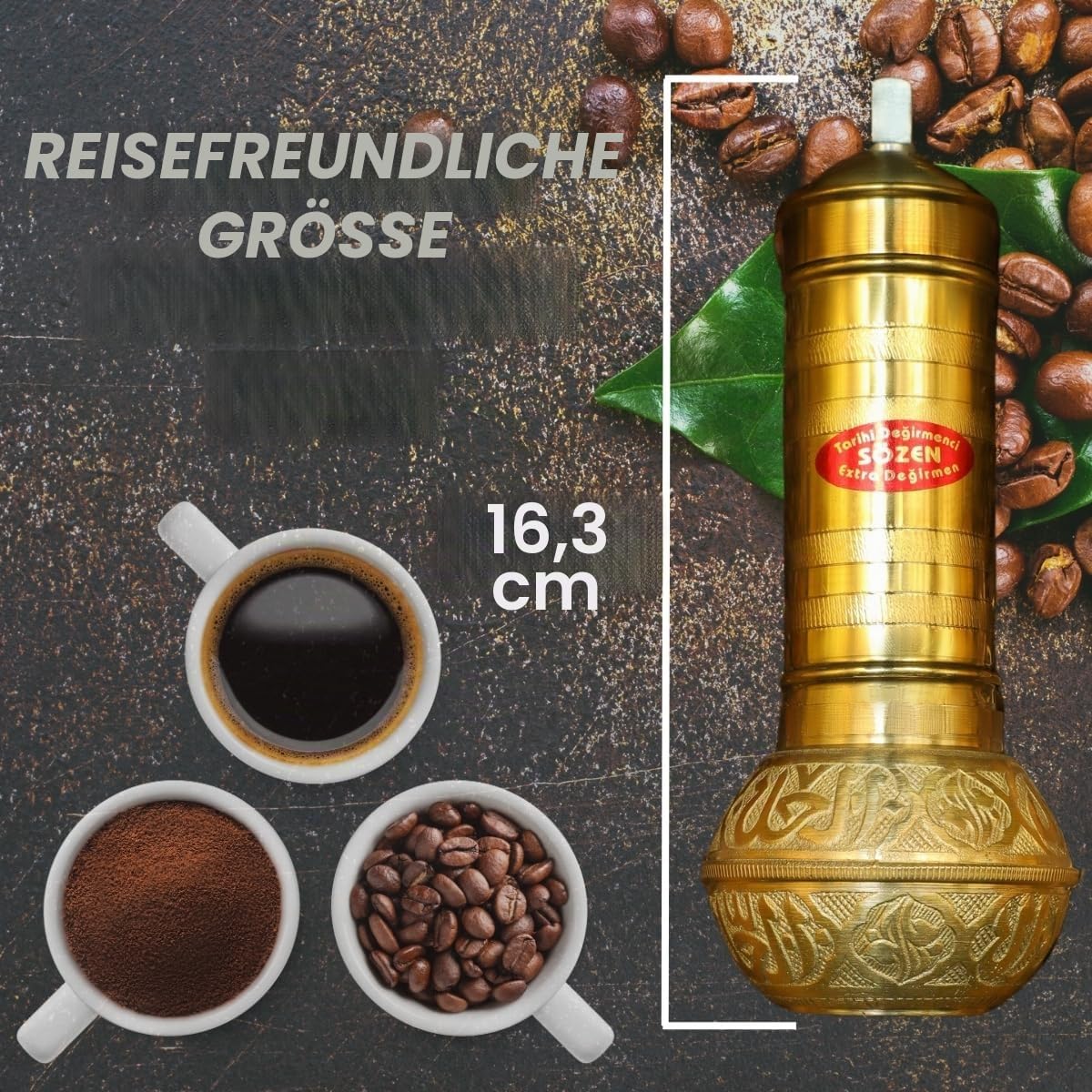 SOZEN 16.3cm Manuelle Kaffeemühle Messing - Handkurbel Burr Mühle für Türkischen Kaffee, Französische Presse, Espresso, Camping & Heimgebrauch - Tragbare Kaffeebohnenmühle, Einstellbare Konische