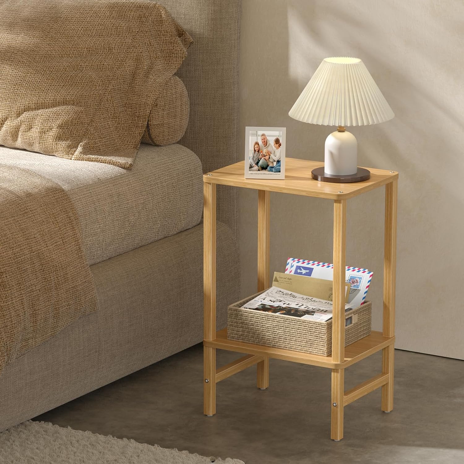 YUFAM Side Table End Table Tall Night Stand 2-Tier for Living Room Bedroom Bathroom Office Furniture Natural