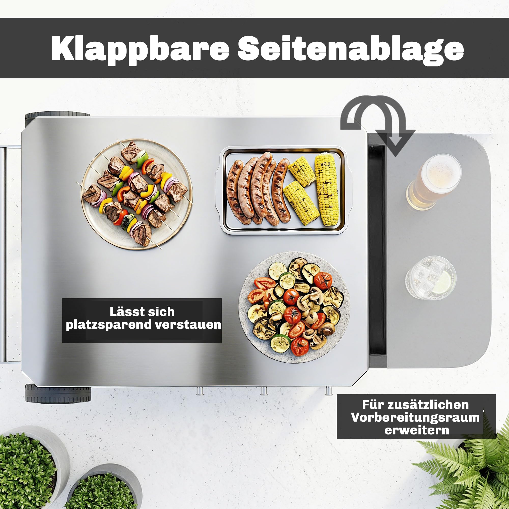 Outsunny Küchenwagen mit Rollen, Servierwagen, Rollwagen mit Haken, Papierrollenhalter, Müllsackständer, Küchenhilfe, BBQ Grilltisch aus Edelstahl Küchentrolley, 115 x 67,5 x 80,5 cm Schwarz