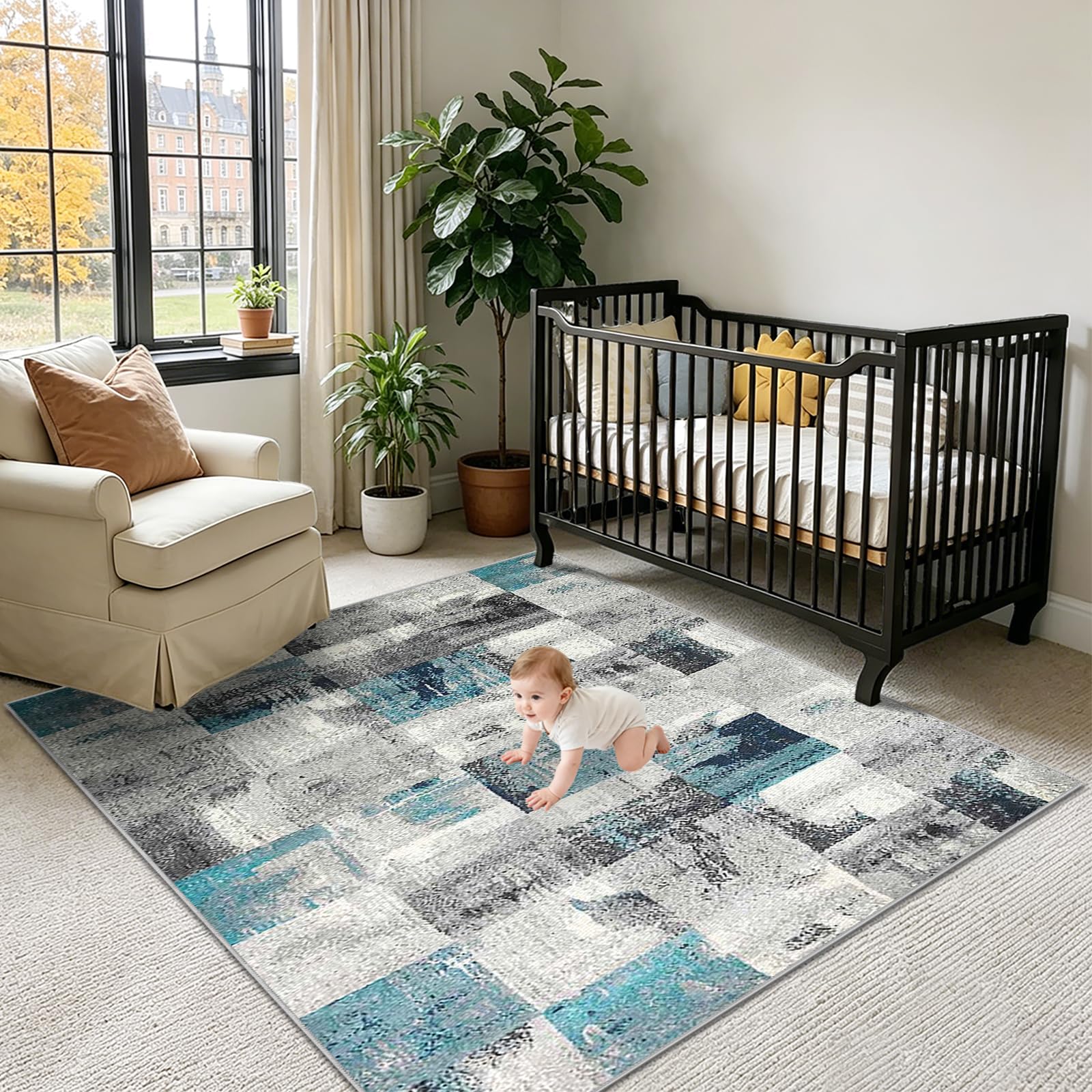Tappeto Salotto Antiscivolo Tappeti a Pelo Corto Tappeti Camera da Letto Tappeto Soggiorno Tappeti Lavabile in Lavatrice Carpet Moderno Geometric Rombo Carpet Cameretta Ufficio 130 x 140cm