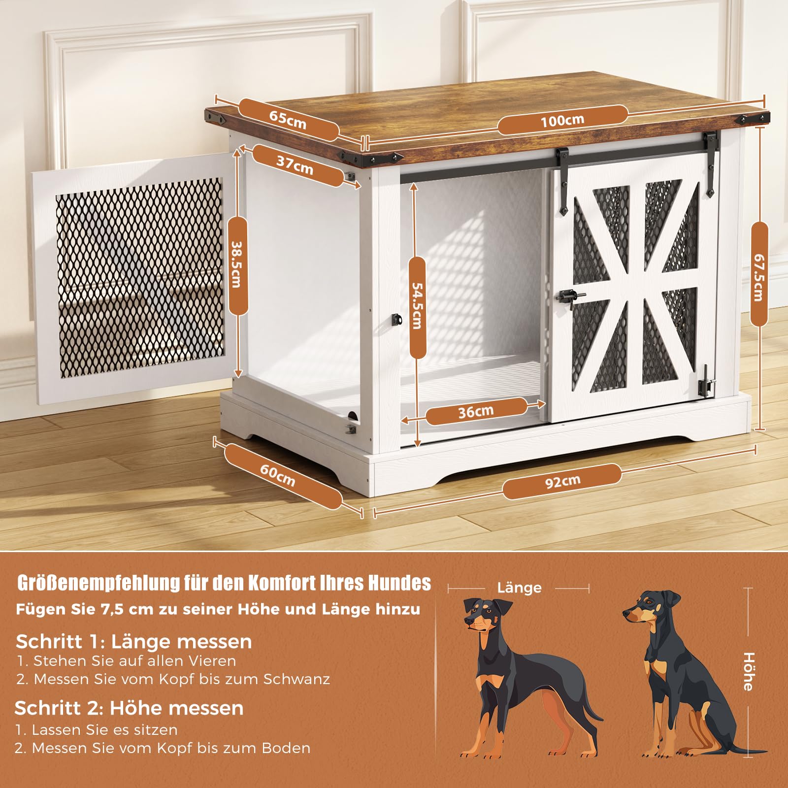 Hundebox, Hundekäfig für Zuhause, XL-Größe, Geeignet für Mittelgroße und Große Hunde, Verstärkt, um Bisse und Flucht zu Verhindern, 3-Türiges Design, Hundehütte Holz Indoor, 100×63×70 cm, Weiß
