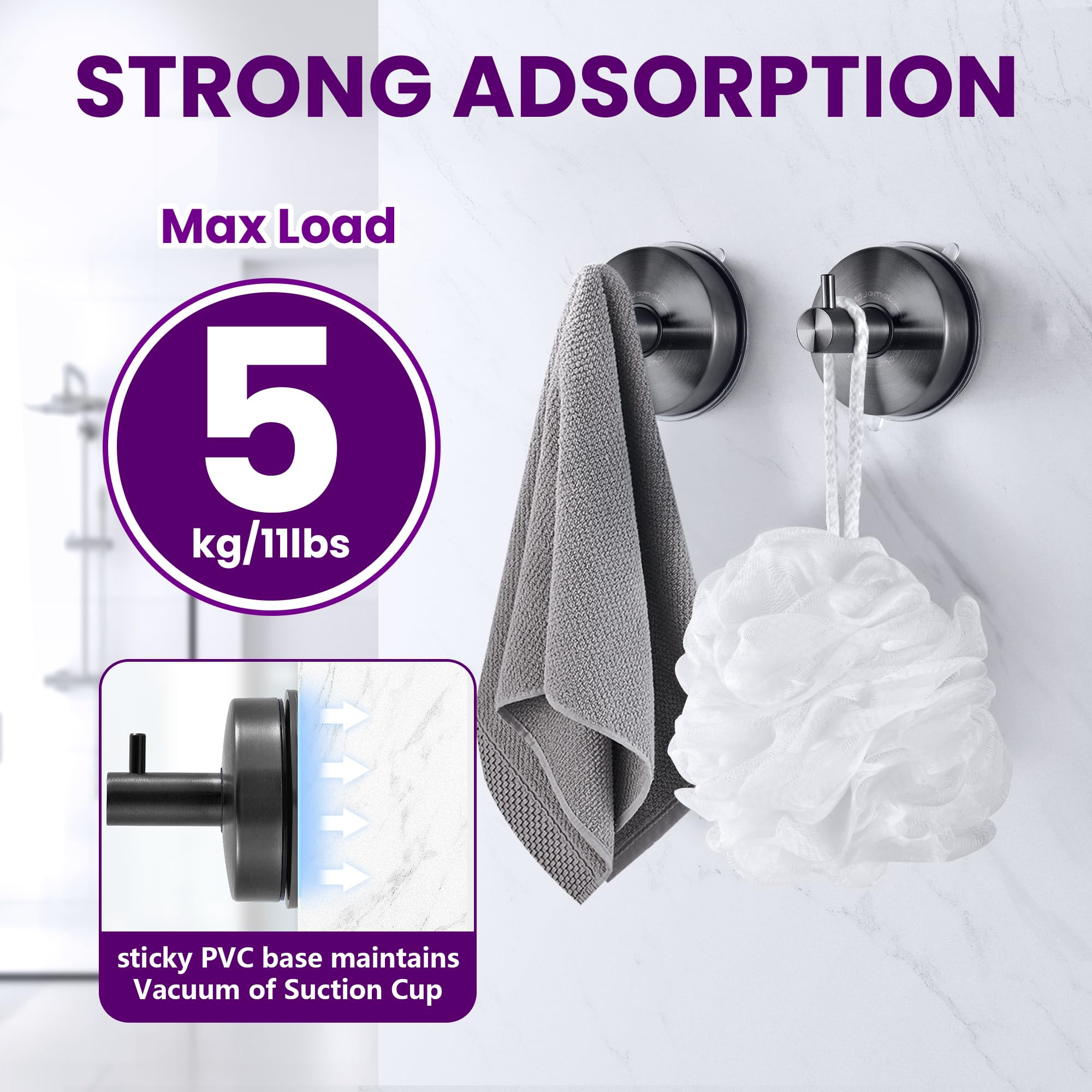 JOMOLA Black Stainless Steel Suction Hooks for Bathroom & Kitchen, 2PCS, 11Lbs Max Load, Brushed Black Finish - Image 4