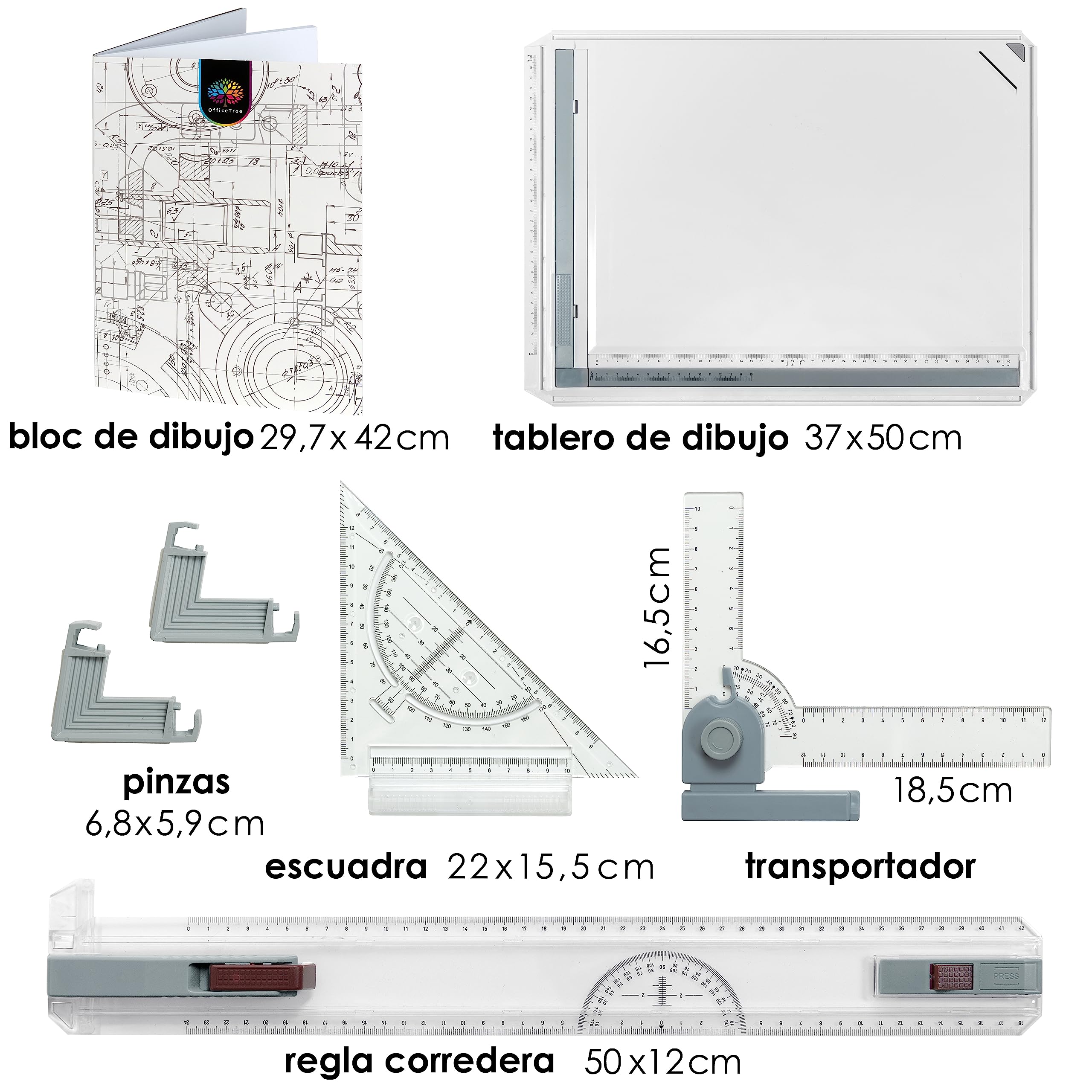 OfficeTree Tablero Dibujo Tecnico A3 - Mesa de Dibujo Tecnico - Tablero de Dibujo 37 x 50 cm - Reglas dibujo- Paralex Tablero 7 Piezas un Trabajo Exacto - Bolsa de Transporte y Diversos Accesorios