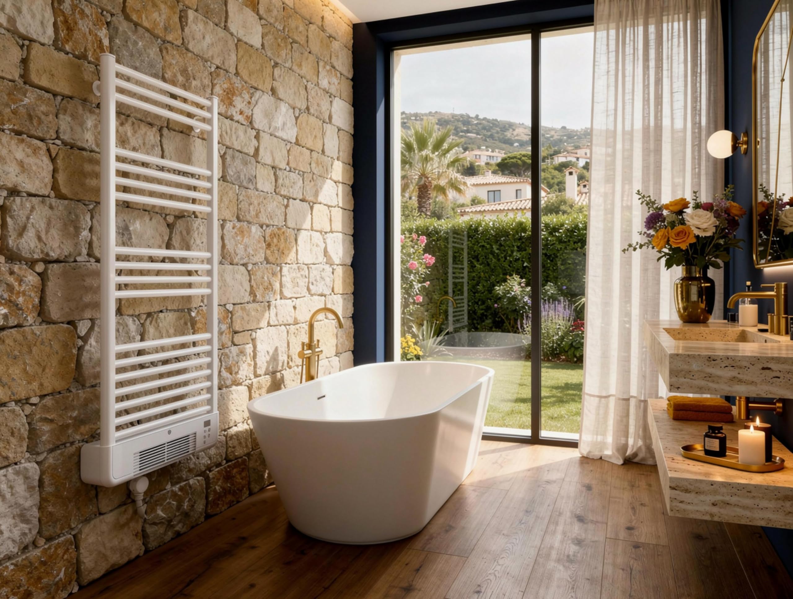 PUR LINE | Radiador NTW-11B Turbo Radiador Toallero Eléctrico Blanco con Calefactor Integrado – Toallero eléctrico con Control WiFi, Display LED táctil, termostato programable y protección IP24