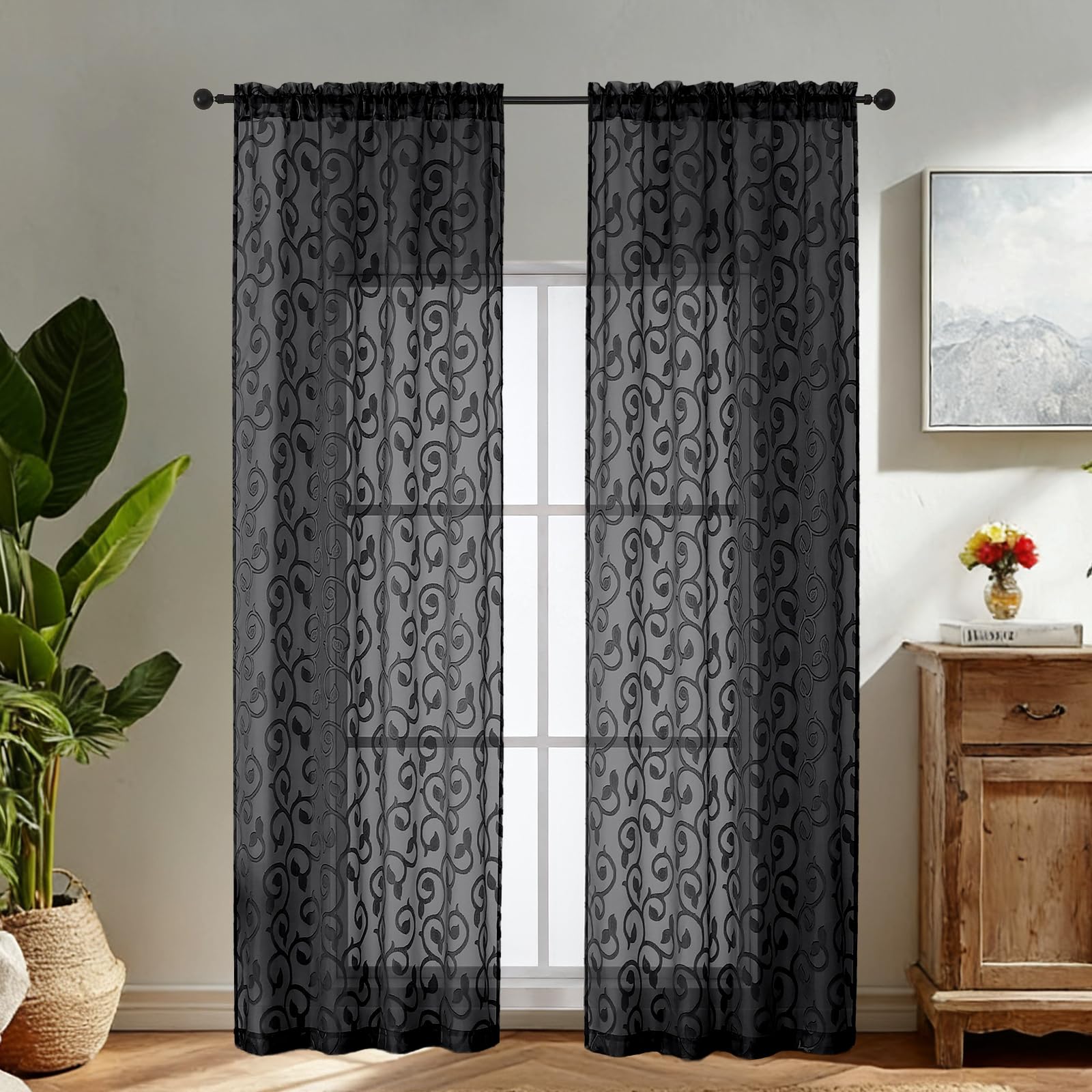 Simplebrand Black Sheer Voile Curtains with Embroidered Pattern, 2 Panels 140x220cm, Dual Rod Pocket Light Filtering Bedroom Curtains — image 1
