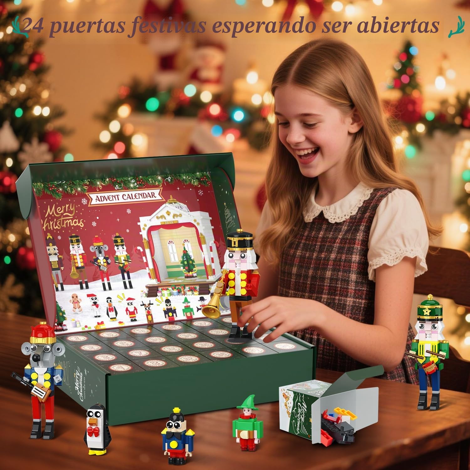 HOGOKIDS Calendario de Adviento 2025, juguete de construcción de teatro con luz, 24 días de cuenta atrás de Navidad, 3,6 mini juguetes con 12 minifiguras y tren de árbol de Navidad, regalo para