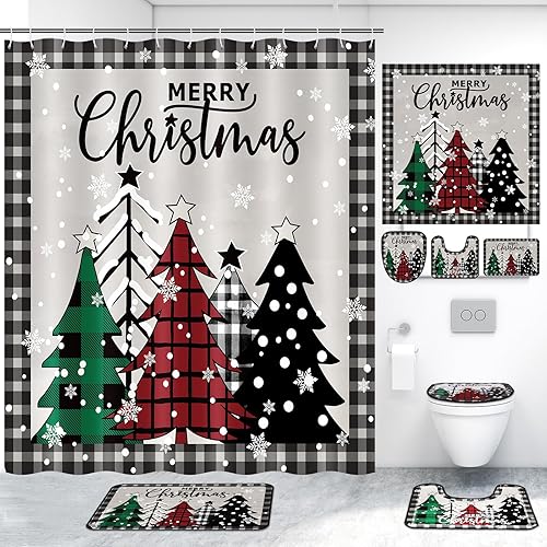 Juego de 4 cortinas de ducha de Navidad con alfombra antideslizante, cubierta para tapa de inodoro y tapete de baño, cortina de ducha de árbol de