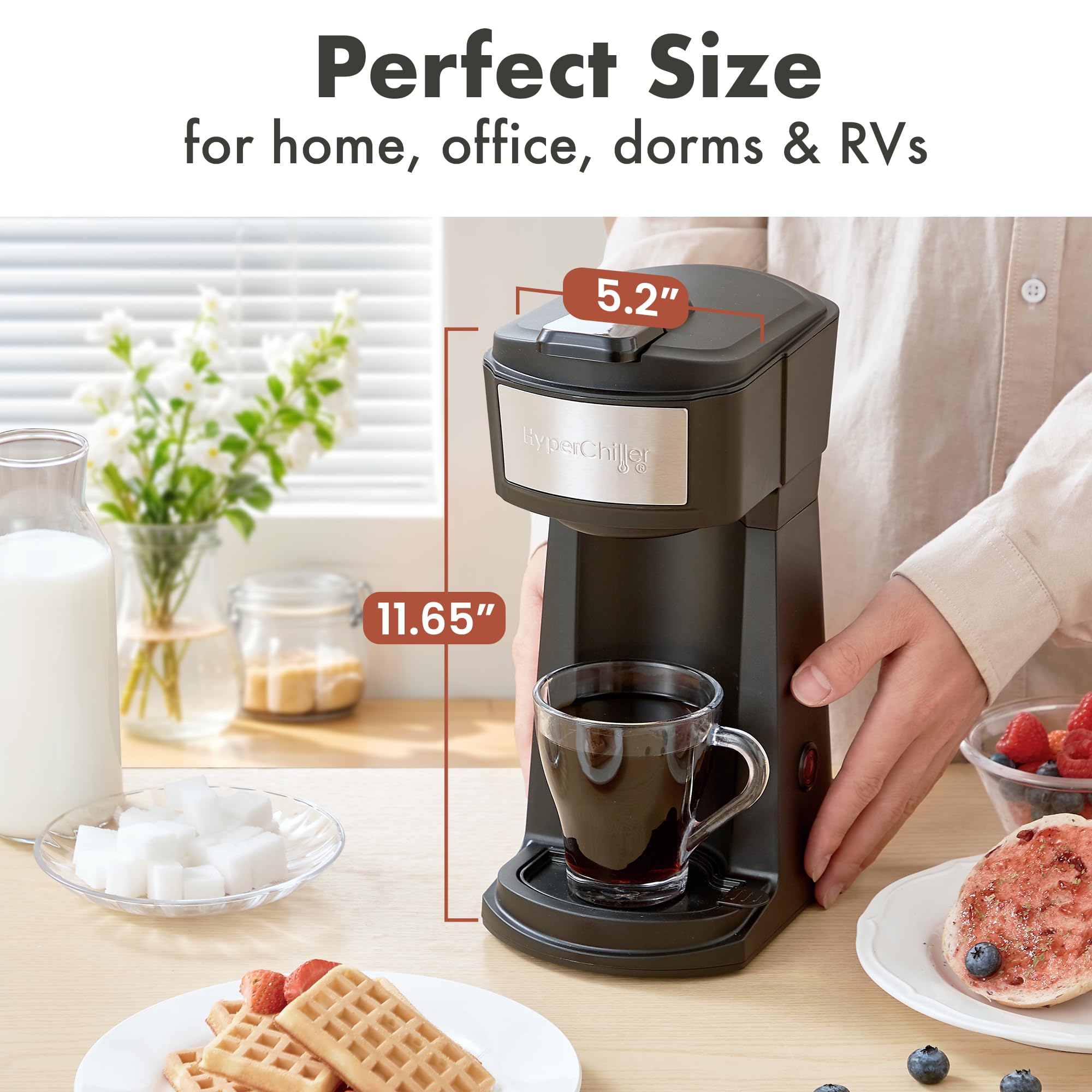 HyperChiller EHC210N - Cafetera helada/caliente, K-Cup o café molido, 8, 10 o 12 onzas, soporte extraíble para K-Cup y filtro de malla reutilizable, bandeja de goteo, negro/acero inoxidable
