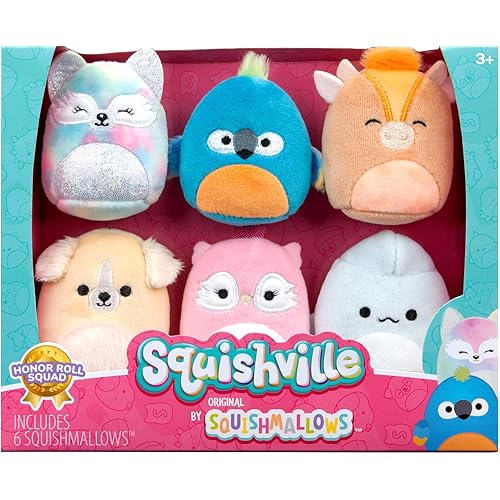 Squishville by Original Squishmallows Honor Roll Squad Plush - Six 2-Inch Squishmallows Plush Including Stevon, Tenise, Nassim, Jayden, Naya, and Bri - Toys for Kids