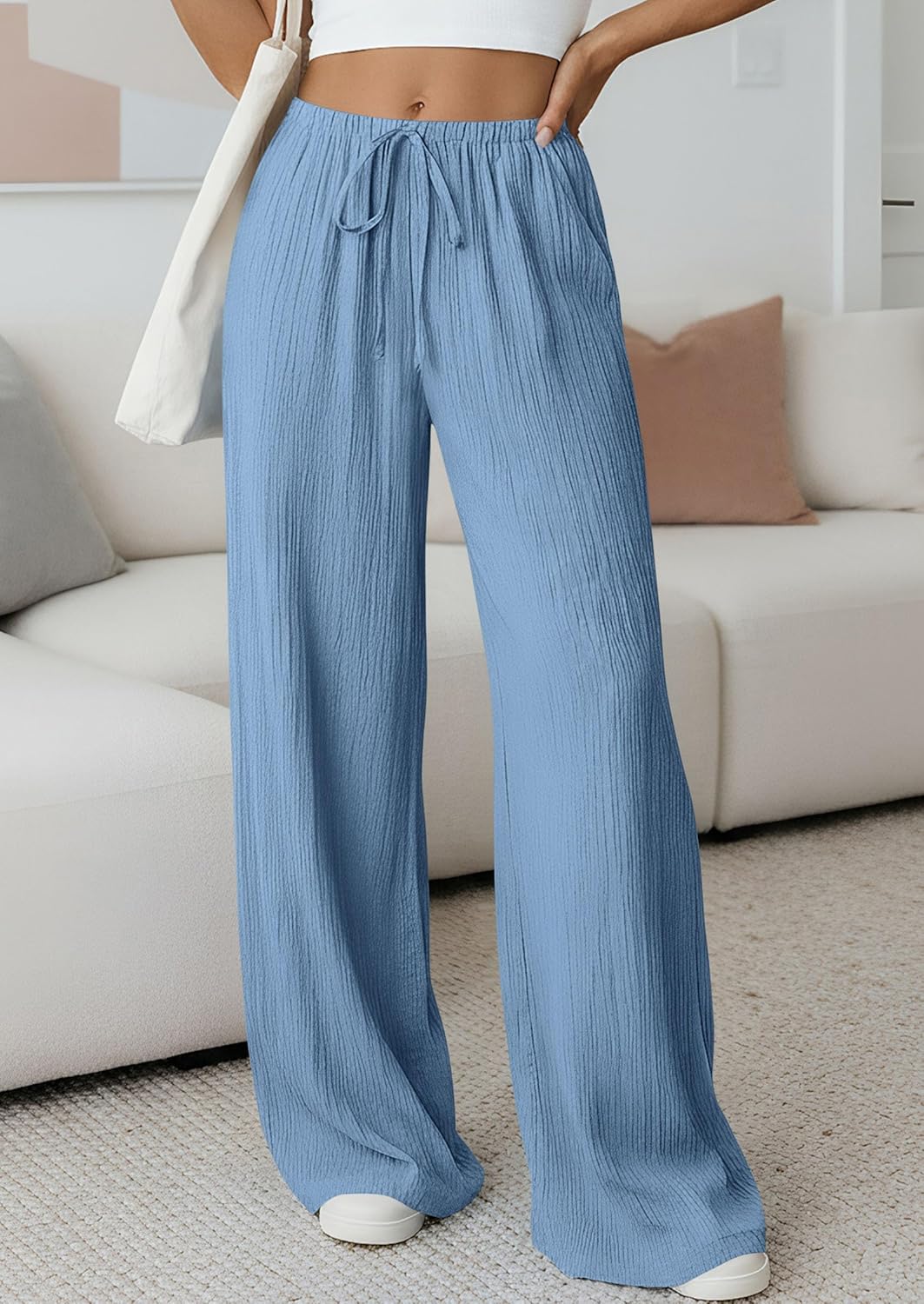 PRETTYGARDEN Womens Palazzo Pants Summer Fashion 2026 High Waisted Wide Leg Drawstring Flowy Beach Trousers with Pockets - Image 2