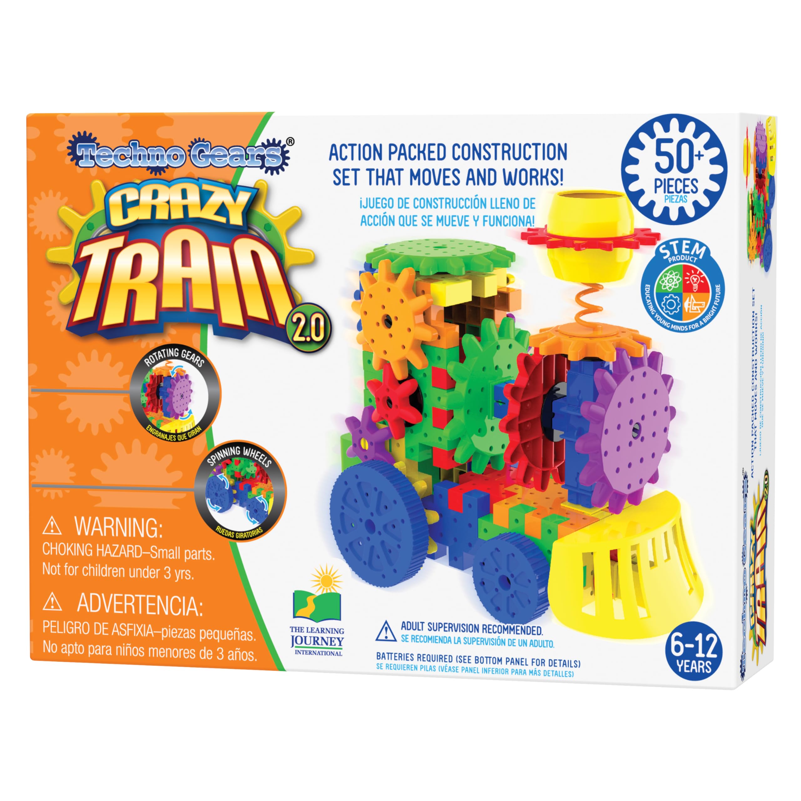 University Games The Learning Journey Techno Gears Crazy Train 2.0, STEAM Construction Set, 50+ Pieces