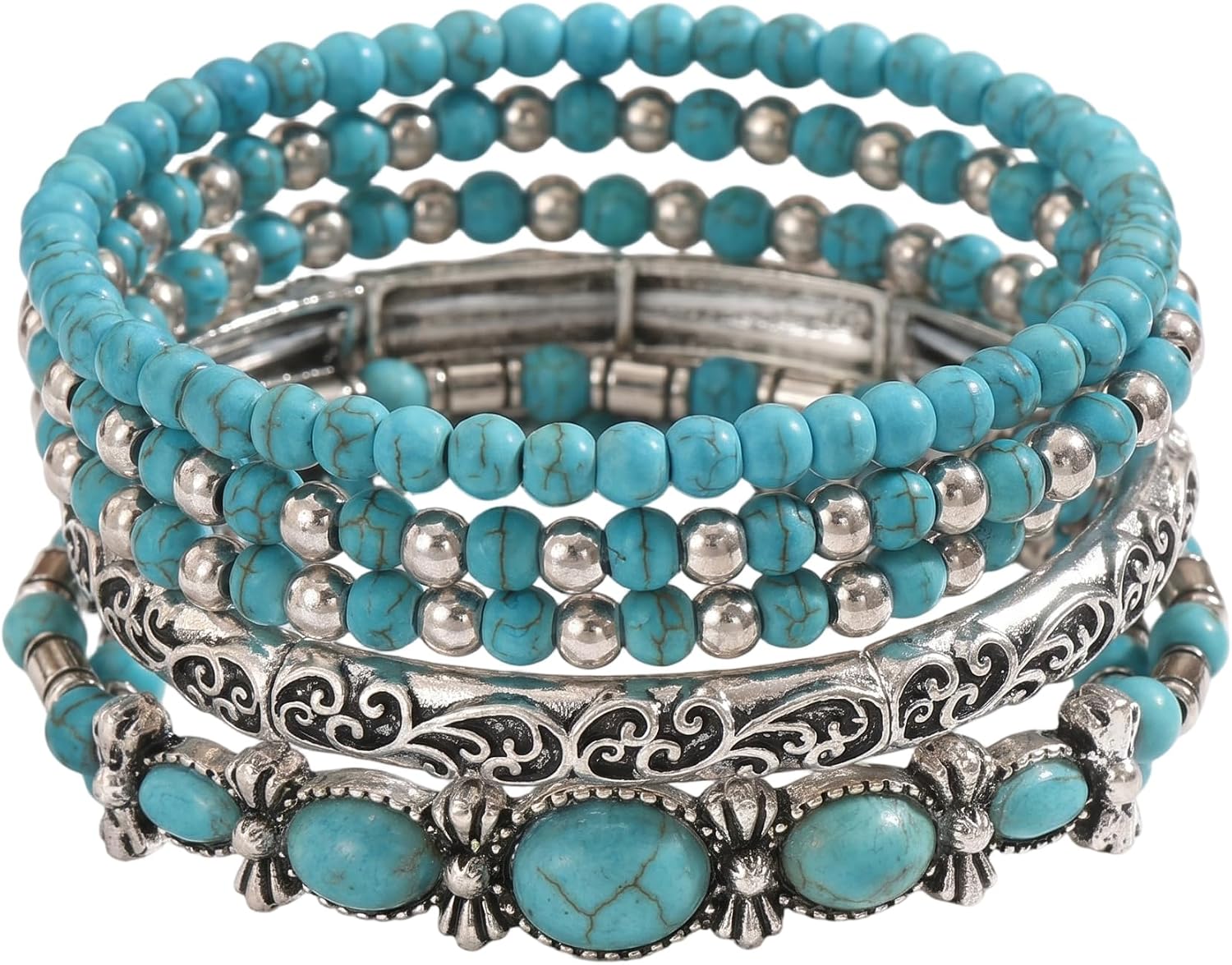 5 Pcs Western Bracelets for WomenTurquoise Boho Beaded Jewelry
