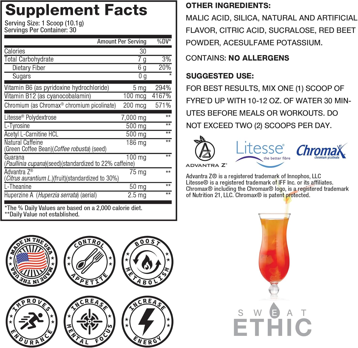 Sweat Ethic FYRE’D UP Energizing Appetite Suppressant, 200 MG Natural Caffeine, Supports Active Lifestyle & Craving Control, Easy-Mix Powder for Pre Workout Energy, Tropical Sunshine Flavor, 30 Srvgs