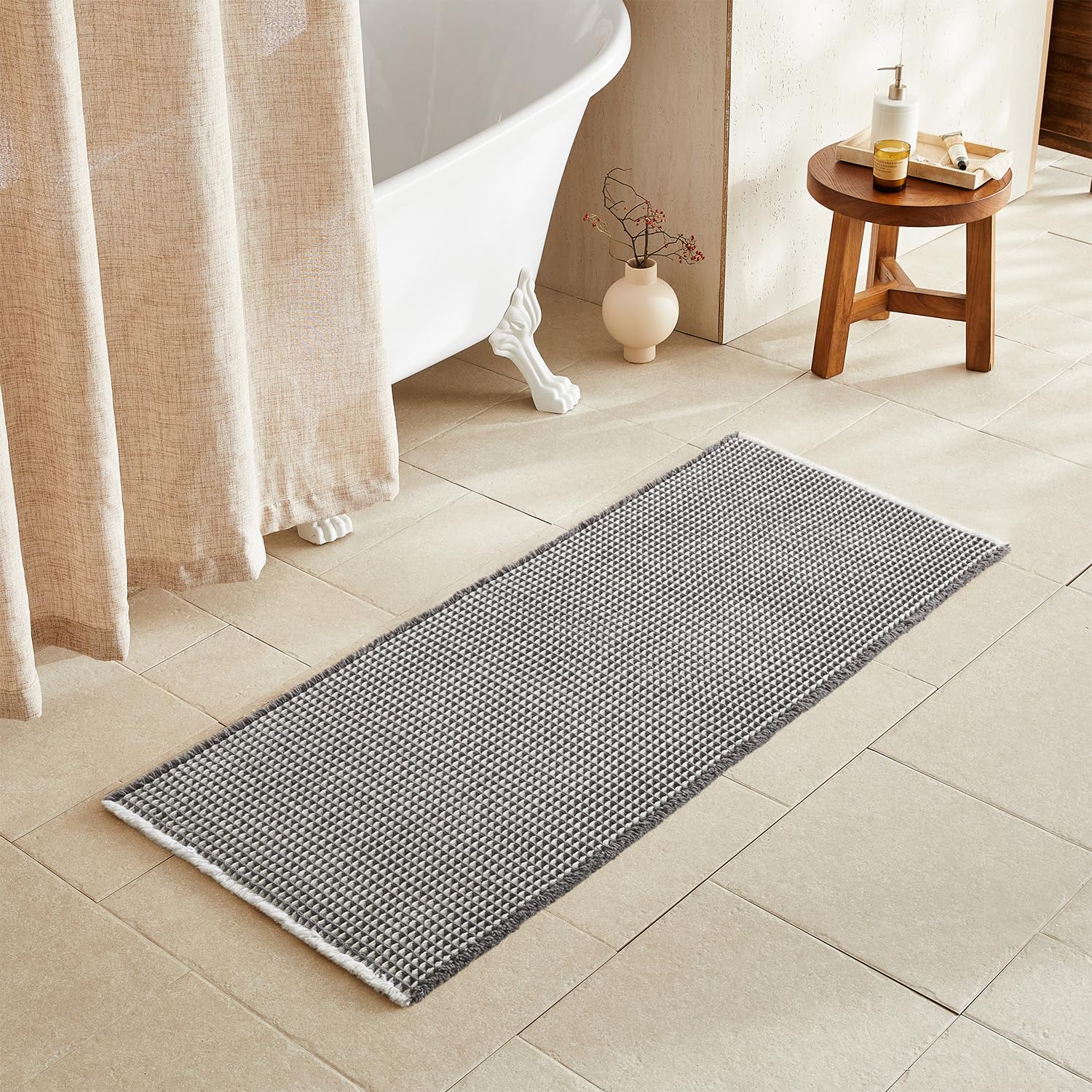 TYUU Waffle Runner Rug Bathroom, Long Boho Bath Mat, 60x24 Grey &amp; White