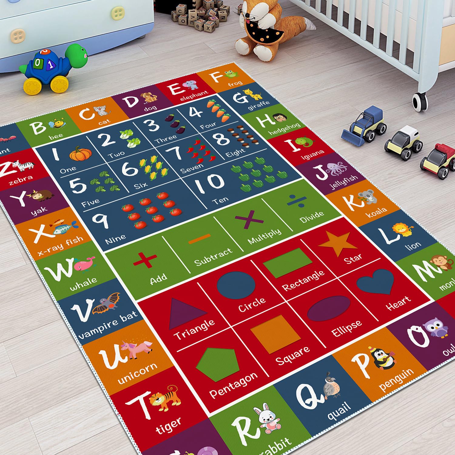SAMESIEG Kids ABC Educational Play Area Rug - Alphabet Number Symbol Shape Rug Carpet with Animals Vegetables Pattern - Non-Slip Floor Mat for Bedroom, Classroom, Playroom 39x59in