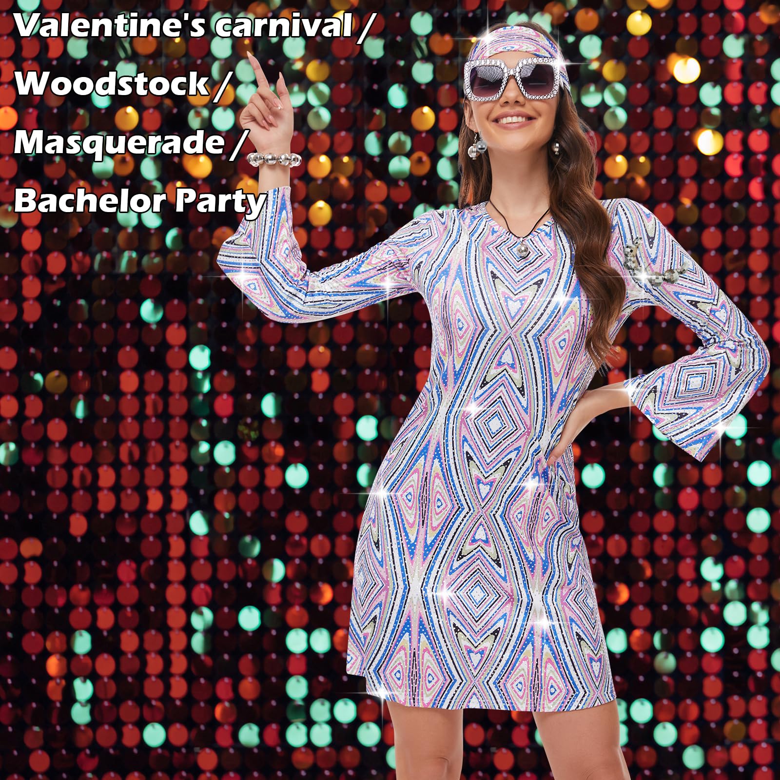 70s Women Disco Dress Hippie Costumes Necklace Earrings Glasses, 60's 70's Birthday Outfits, 1970s Prom Bling Dress