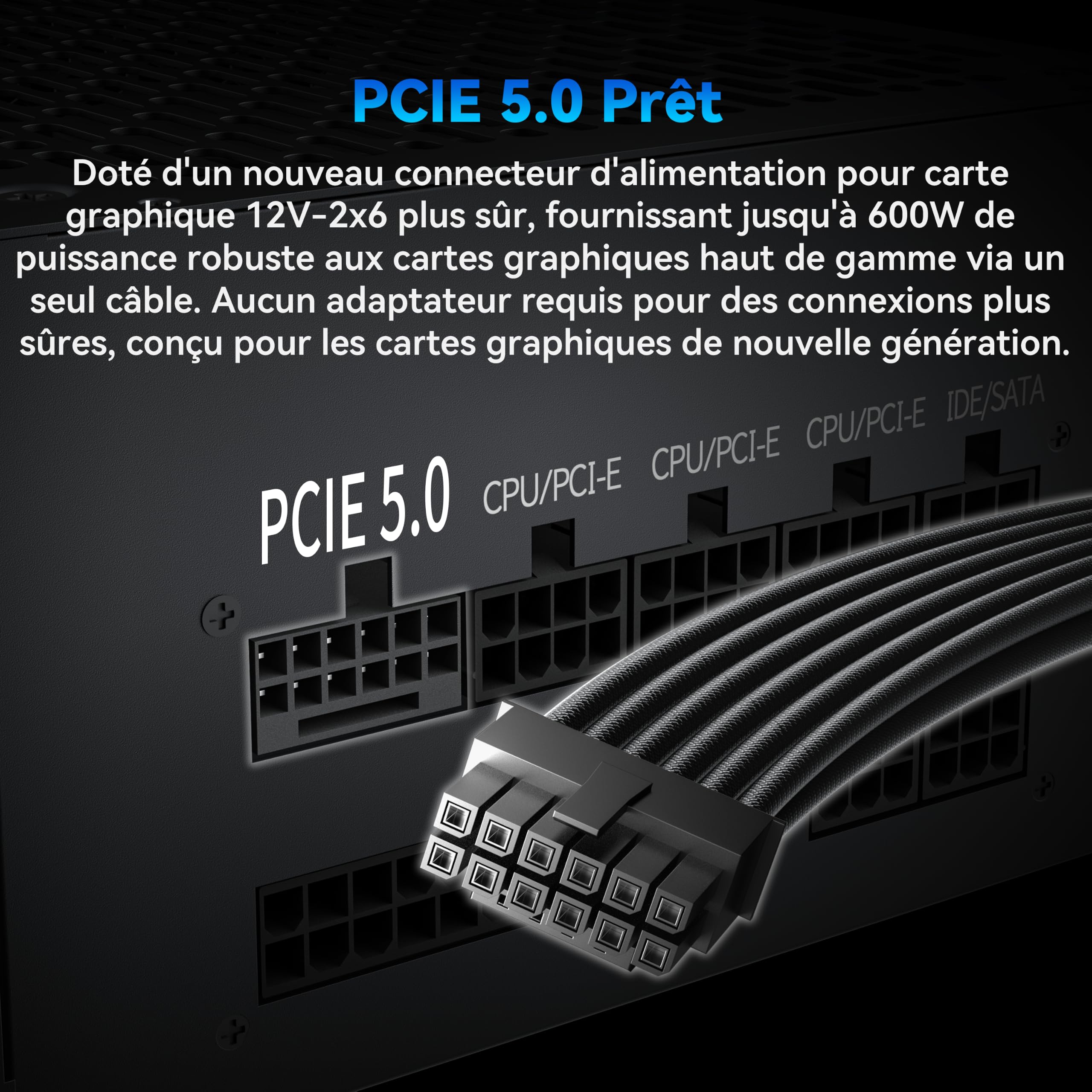 MUSETEX Alimentation PC 1000W, Alimentation ATX entièrement modulaire avec câble d'alimentation 12V-2x6, ATX 3.1 & PCIe 5.0 Alimentation Gaming, Condensateurs à 105°C, (Noir) (MU1000)