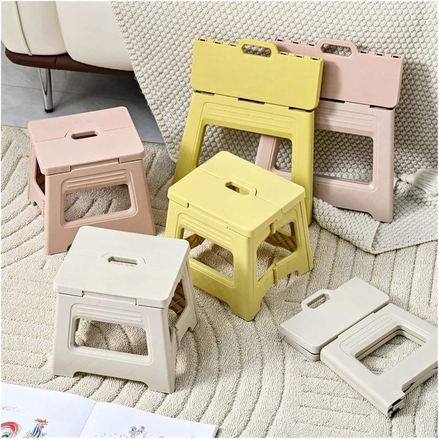 Lightweight Folding Step Stool Multi Purpose Handheld Thickened Footstool Non-Slip Plastic Small Benches Kitchen(L-Yellow)