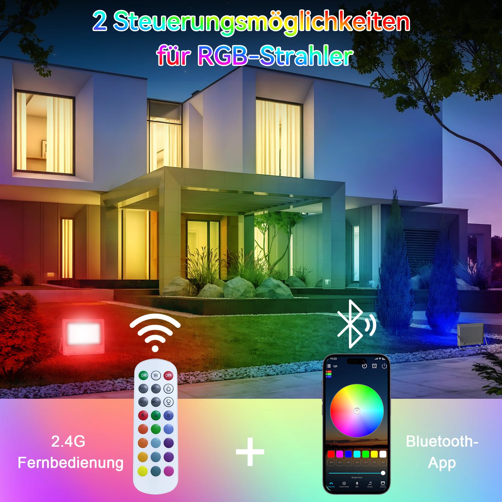 2 Stück RGB Strahler Outdoor 150W,LED Strahler Bunt Mit Bluetooth APP Und 2.4G Fernbedienung,IP66 Wasserdicht Farbwechsel Dimmbar Fluter für Halloween,Weihnachten,Party