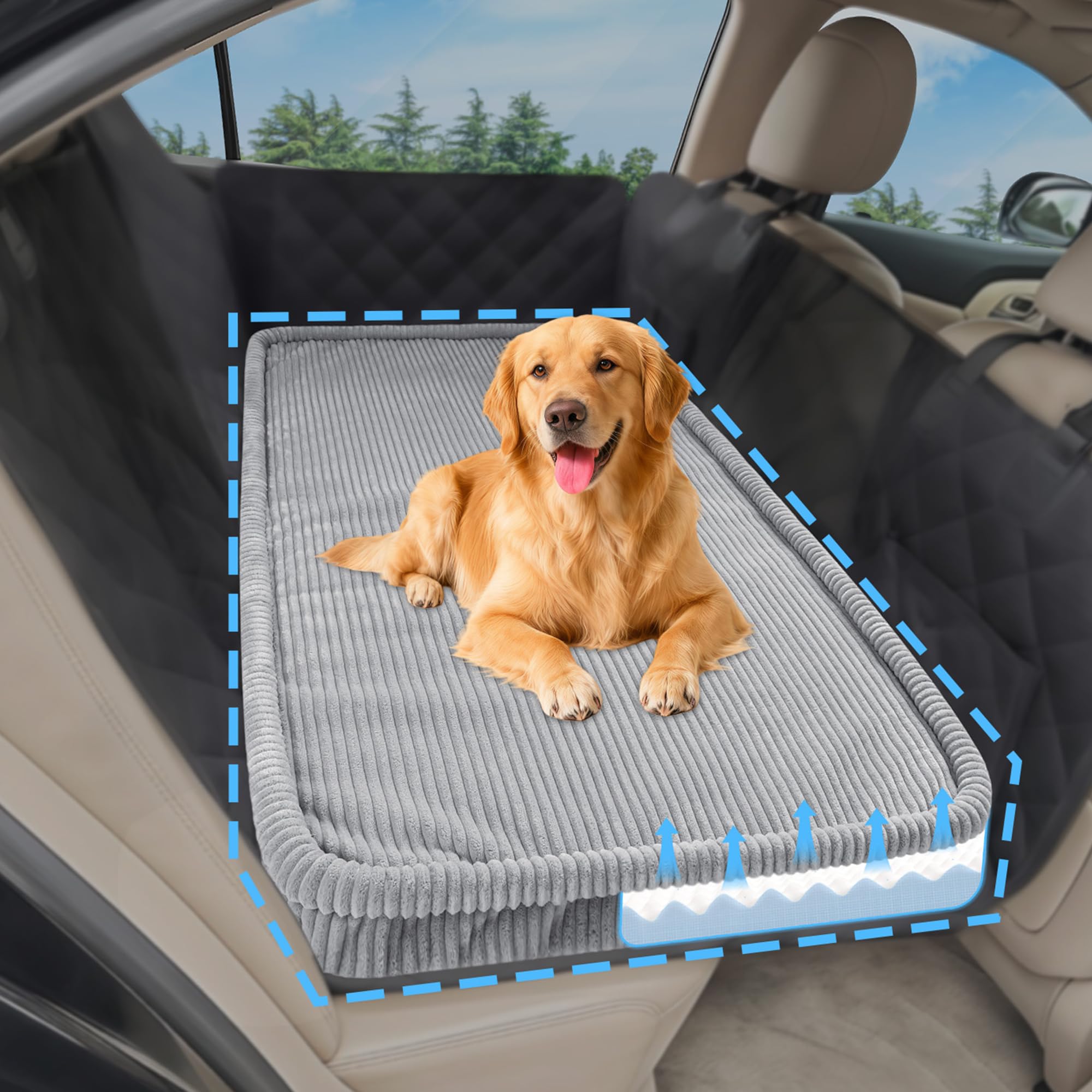 Dog Car Bed, Non-Slip Backseat Extender Pet Mat, Removable Washable Dog Bed for SUVs, Sedans & Trucks, Anti-Slip Travel Bed for Dogs, Easy Clean & Scratch-Proof & Comfort XL（56" Lx28.7 M×2" H