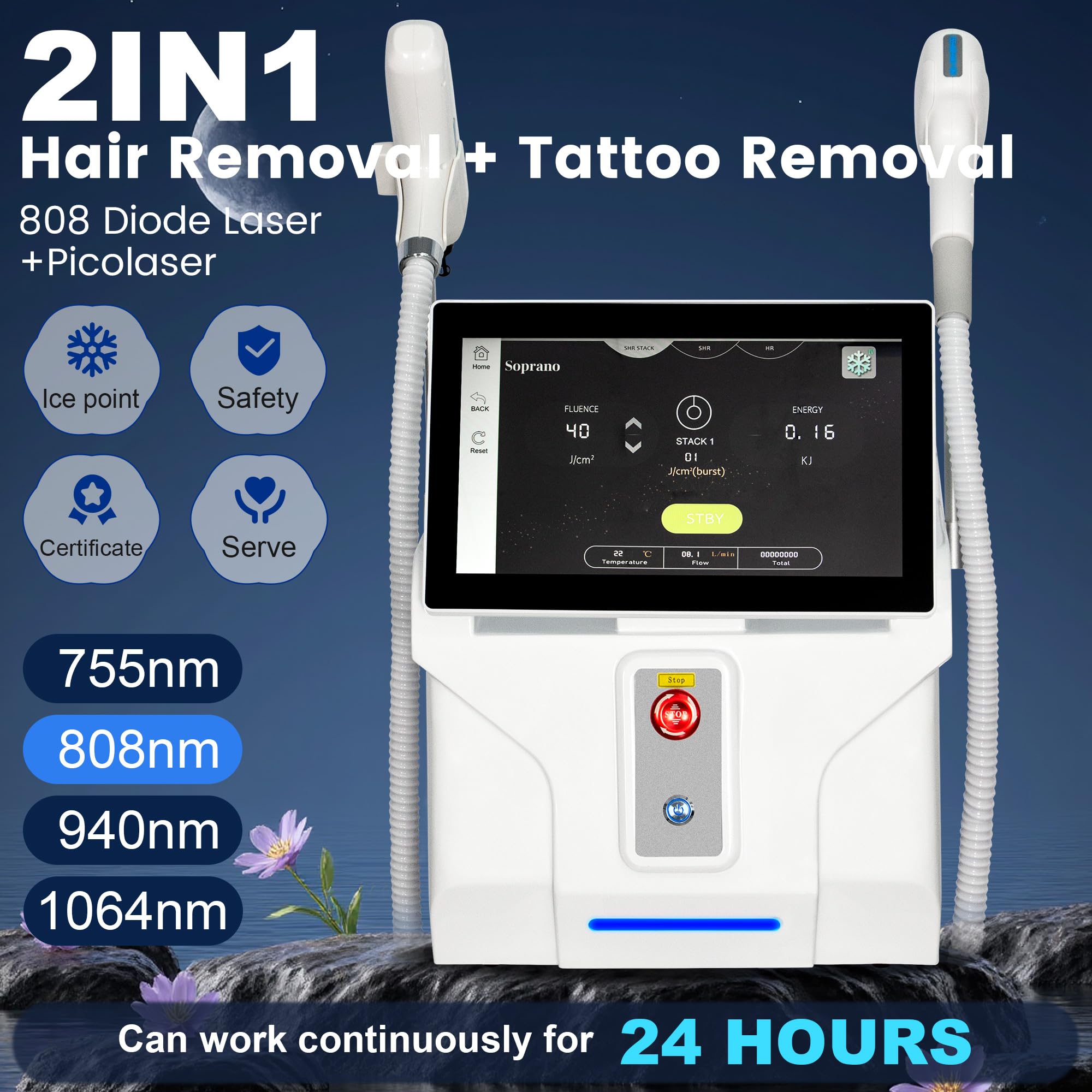 10Bars 2 in 1 Epilatore Laser 808nm a Diodo, Picosecondo Rimozione tatuaggi | 755nm/808nm/940nm/1064nm Rimuovere i peli superflui da tutto il corpo Rimozione di nei e cicatrici da acne