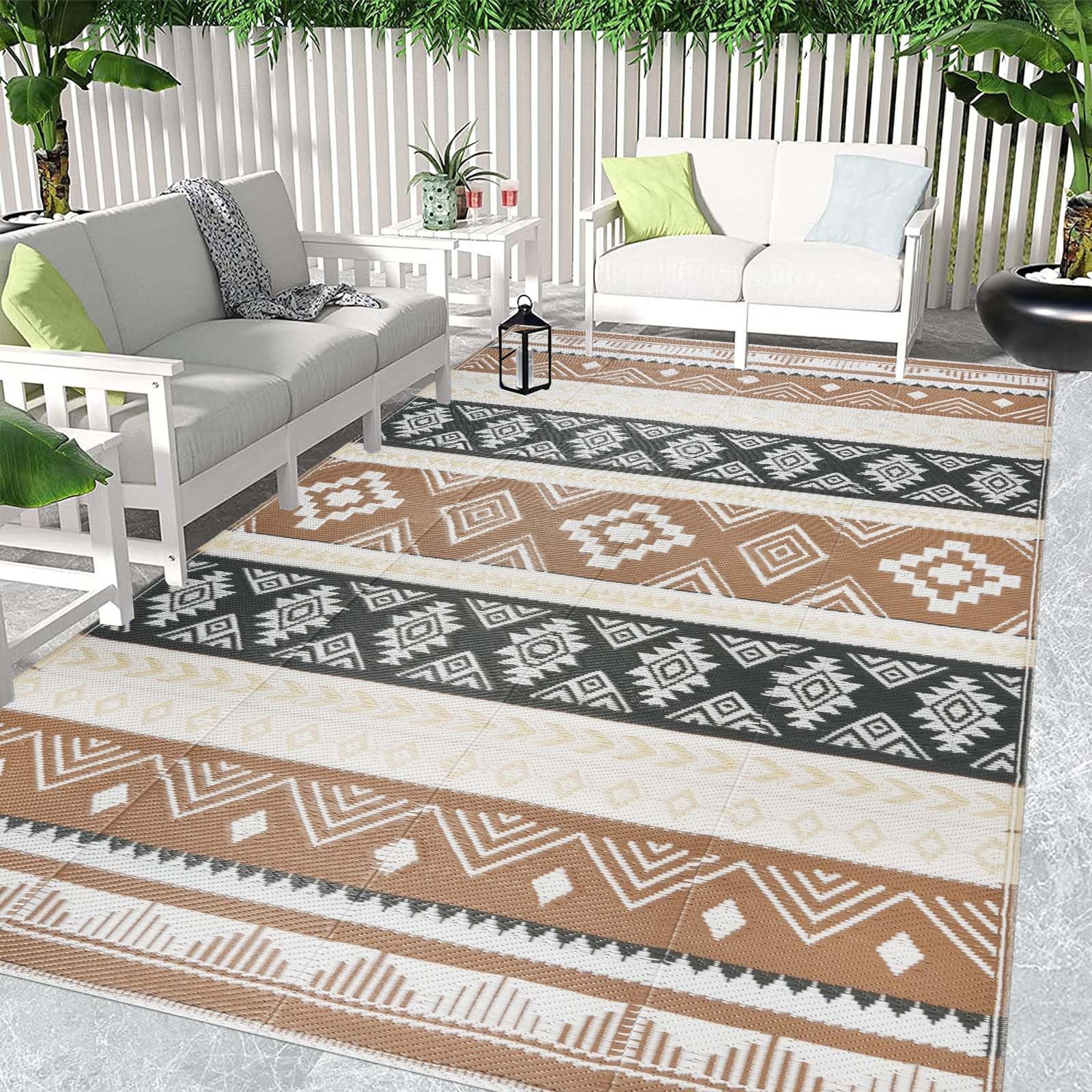 Famibay Dywan do użytku na zewnątrz, odporny na warunki atmosferyczne, na balkon, wodoodporny, na kemping, lekki, plastikowy, dwustronny, składany, na taras, do ogrodu, na grilla, piknik, brązowy