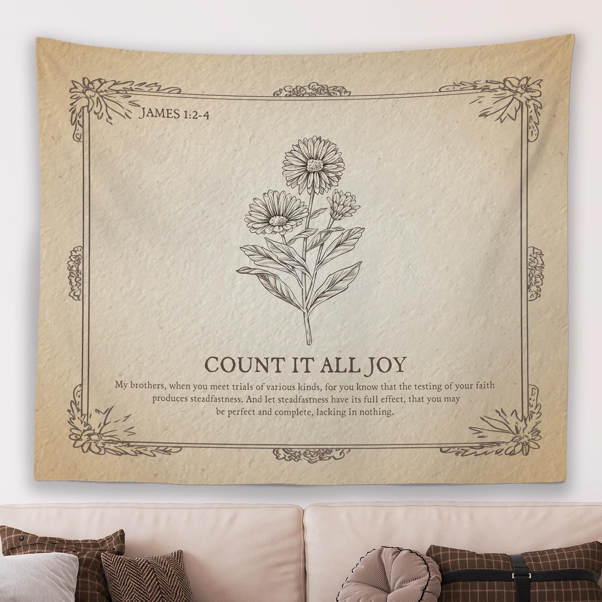 MNASAIOO Vintage Christian Floral Wall Tapestry Hanging for Bedroom, Flower Bible Verse Scripture James 1:2-4 Tapestry，Rustic Religious Tapestries
