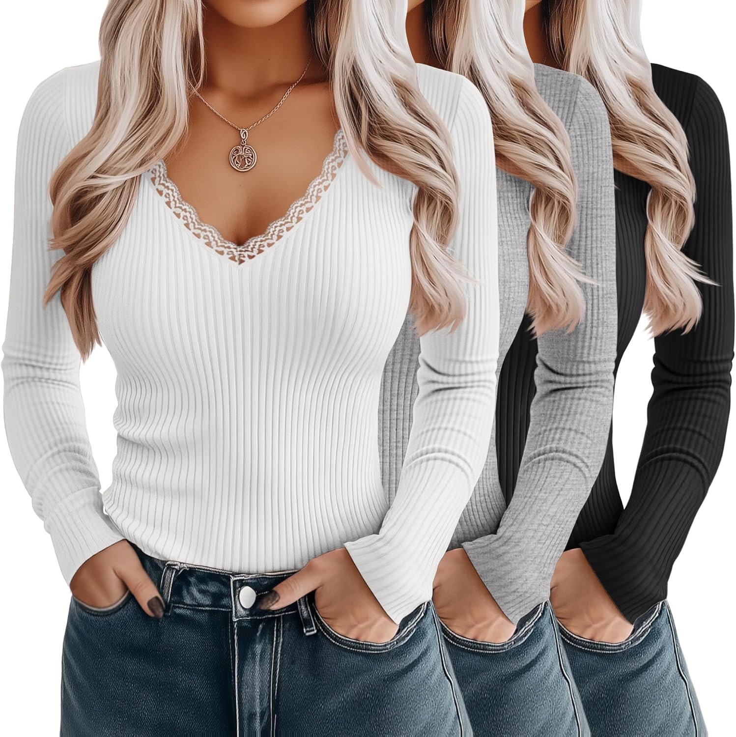 3 Pack Women's Cotton Long Sleeve Shirts, Ribbed Knit Deep V Neck T-Shirts Lace Sexy Tight Tees Slim Fit Tops