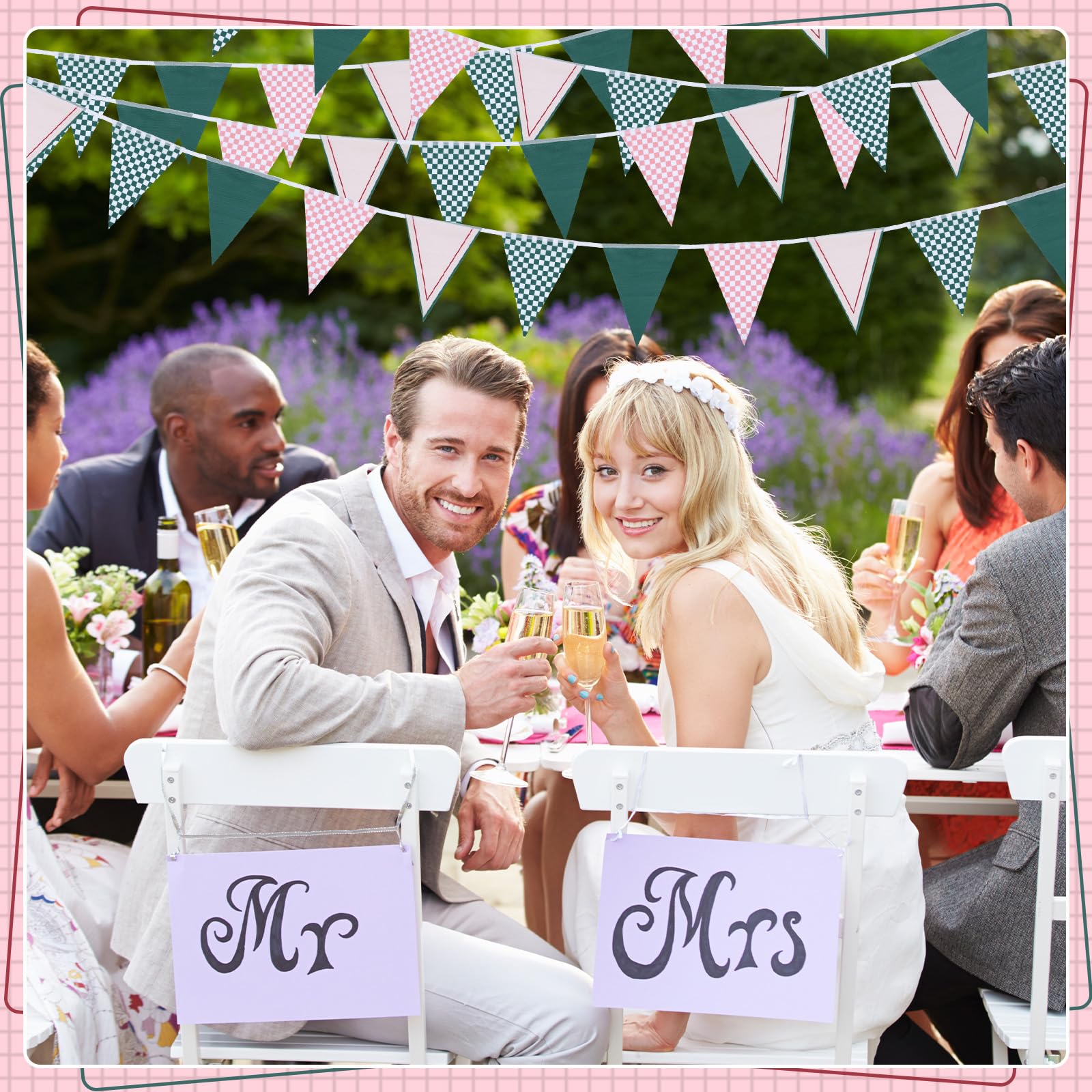 VitalCozy 9,8 m lange Wimpelkette für Hochzeit, Camp Braut, dreieckig, kariert, Gingham-Flagge, Wimpelkette, Stoffgirlande, vorbespannt, für Junggesellinnenabschied, Dekoration für Brautparty,