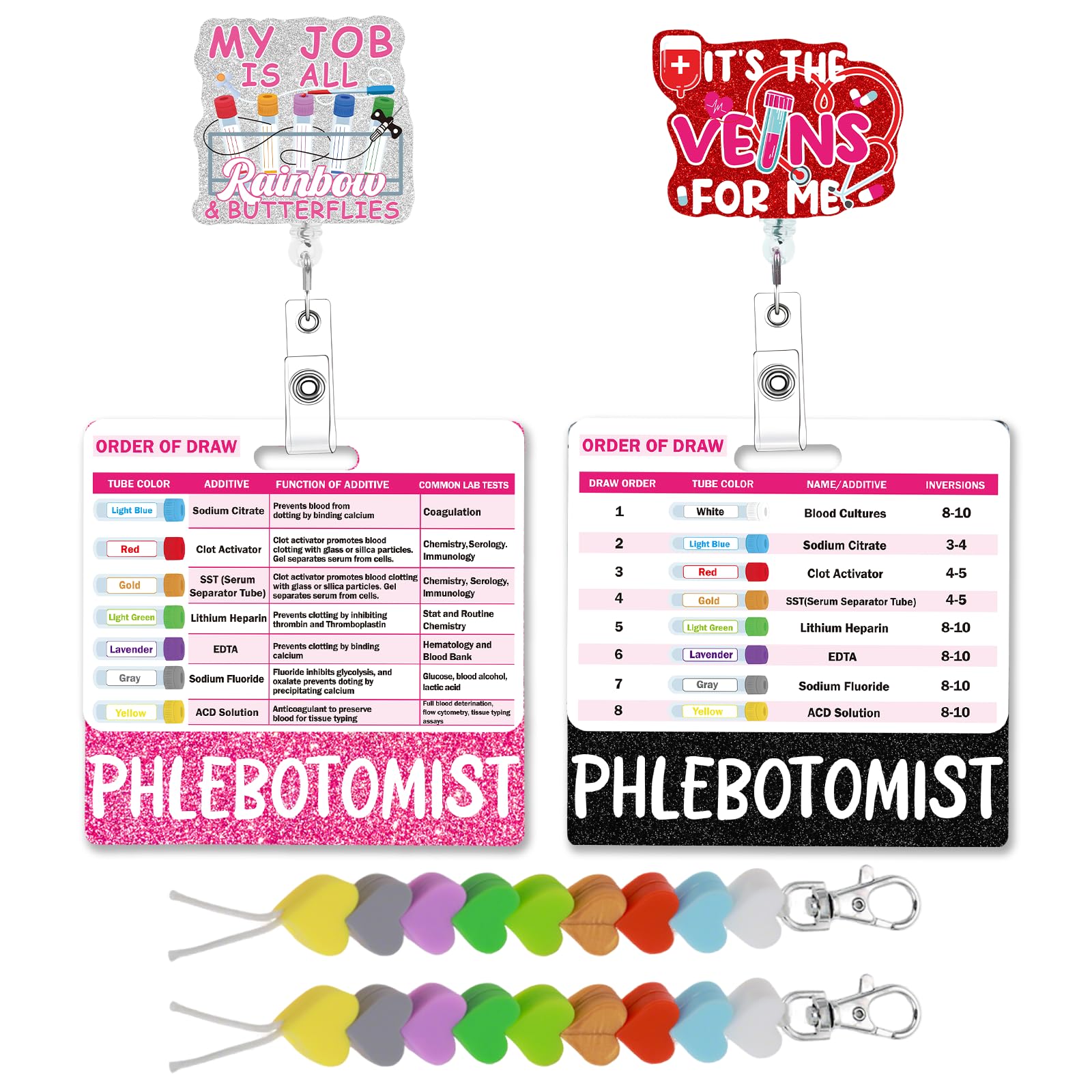 Cosmisun Phlebotomy Badge Reel Set - 6 PCS Order of Draw Badge Cards Beads Phlebotomist Badge Buddy Nurse Badge Reels Retractable ID Badge Holder for